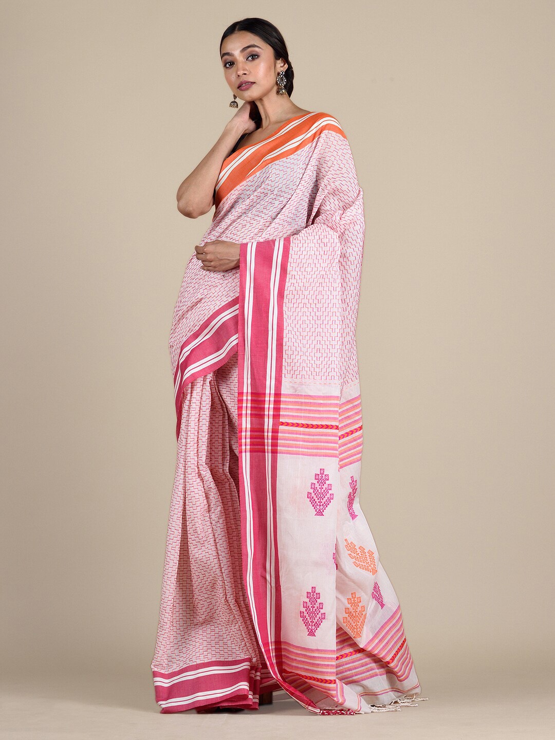 

Mitera White & Pink Geometric Woven Design Pure Cotton Saree