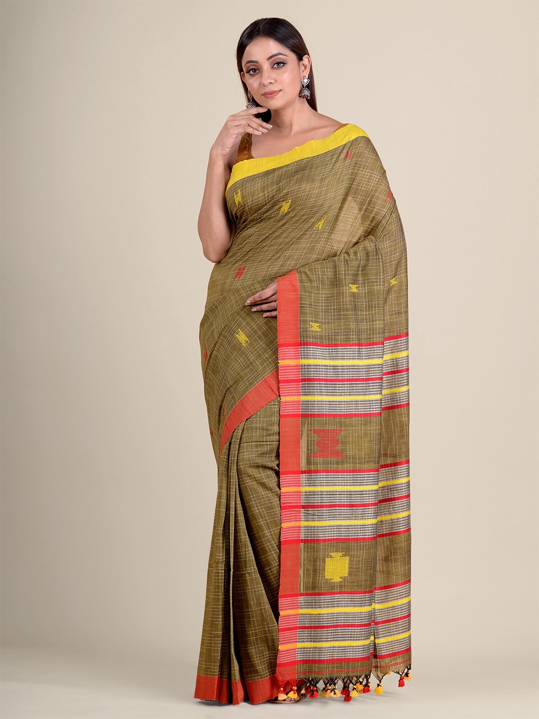 

Mitera Olive Green & Red Pure Cotton Saree