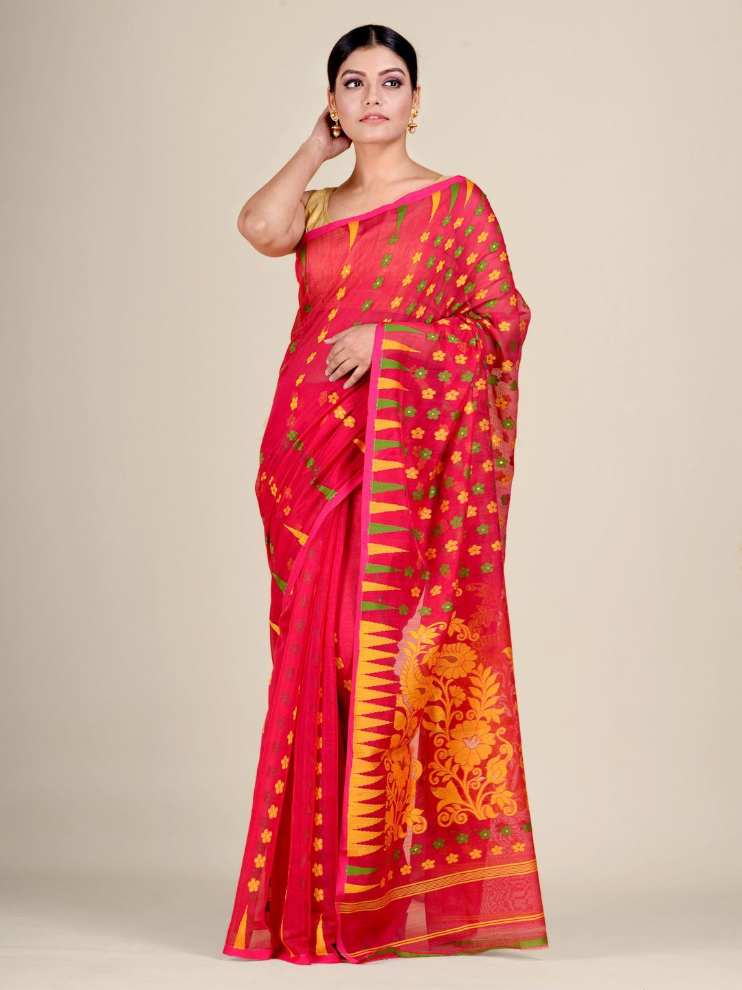 

Mitera Red & Green Woven Design Silk Cotton Heavy Work Saree
