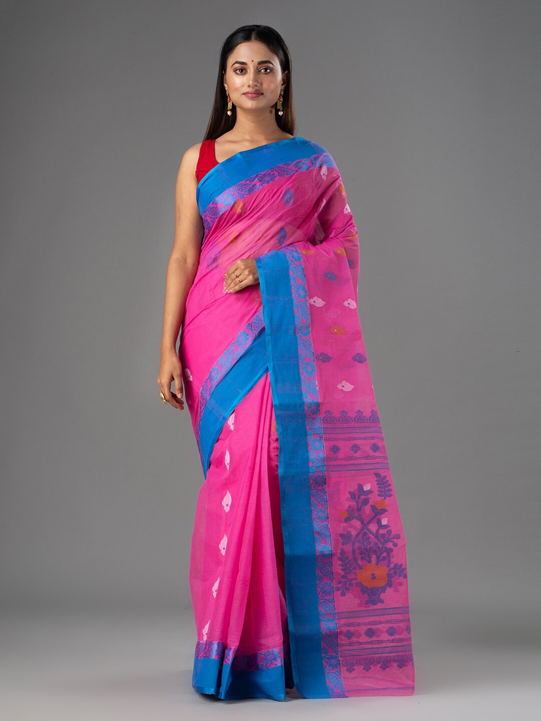 

Mitera Pink & Blue Floral Pure Cotton Heavy Work Saree