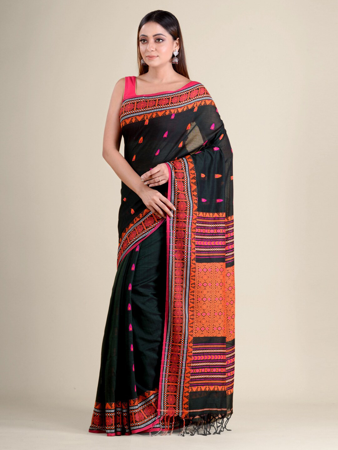 

Mitera Green & Red Woven Design Pure Cotton Heavy Work Saree
