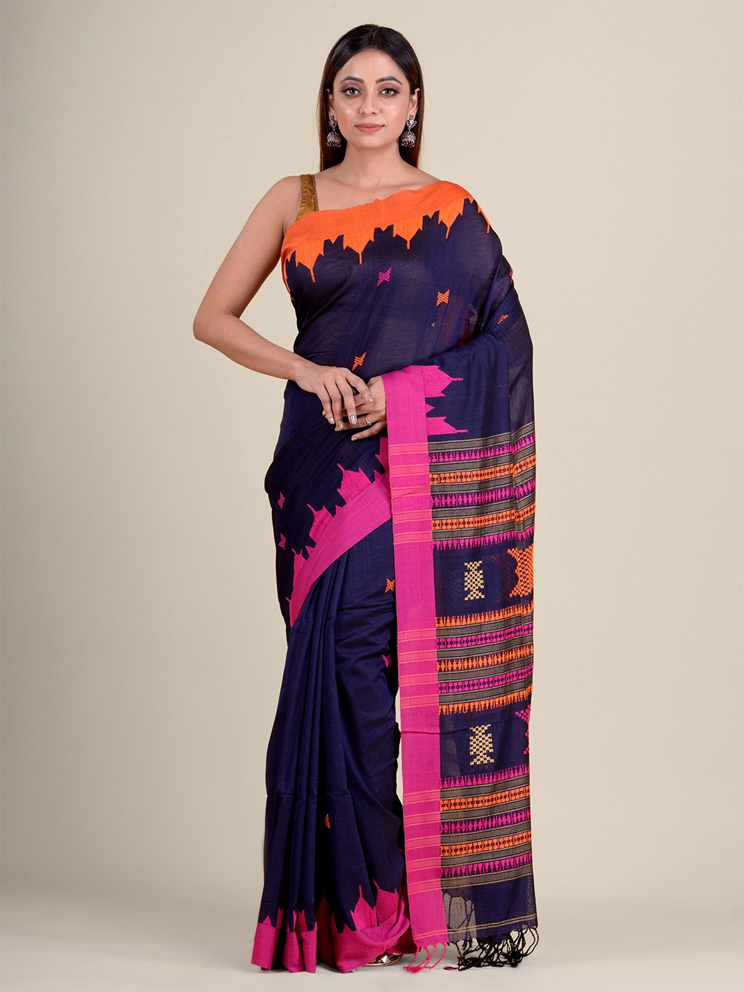 

Mitera Navy Blue & Pink Woven Design Pure Cotton Saree