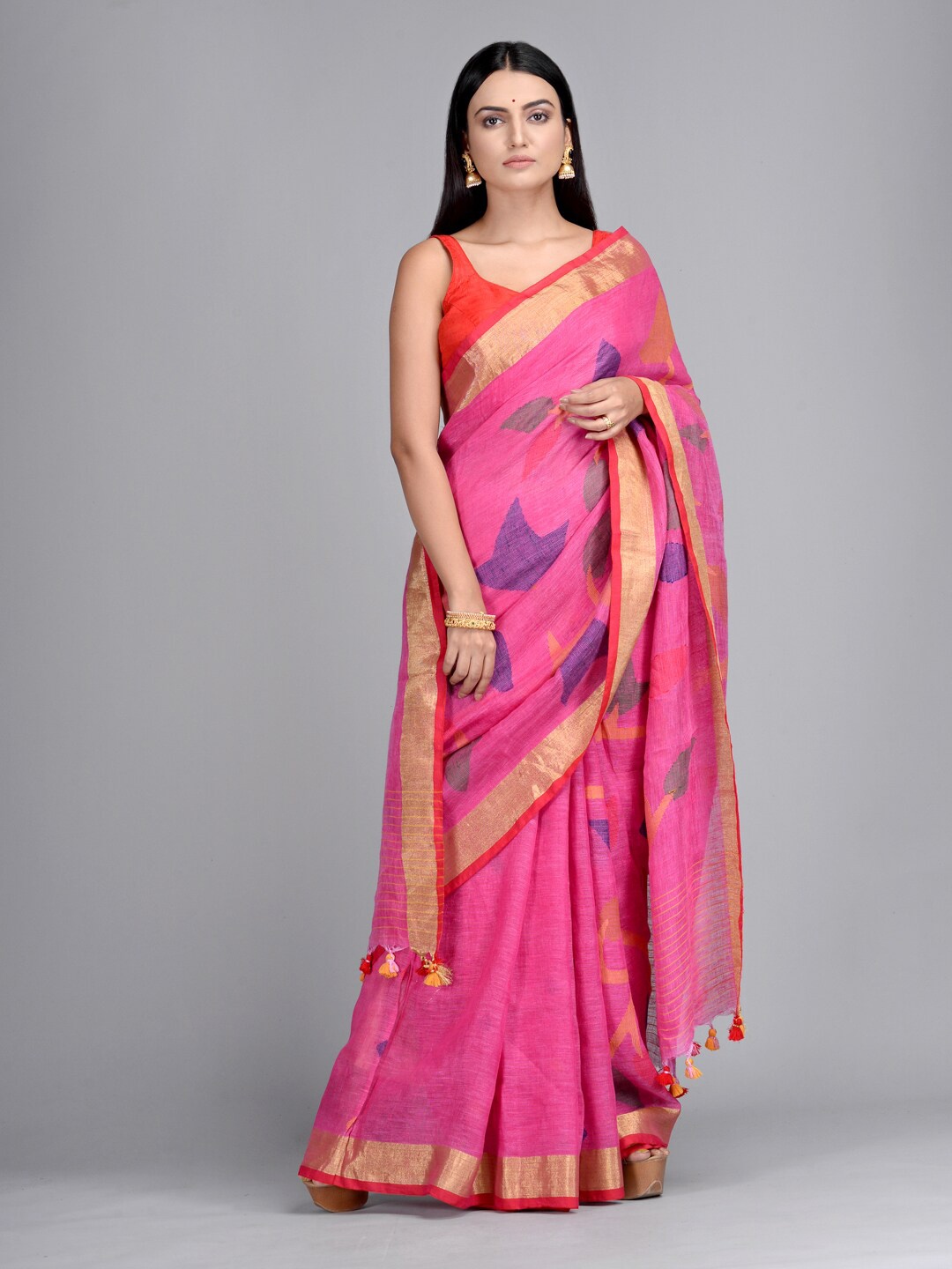 

Mitera Pink & Blue Floral Zari Pure Linen Saree