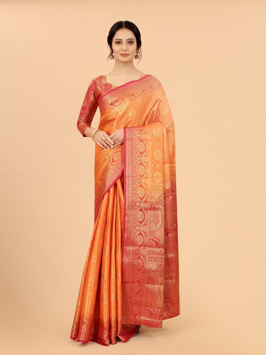 

SATYAM WEAVES Orange & Red Ethnic Motifs Zari Silk Cotton Banarasi Saree