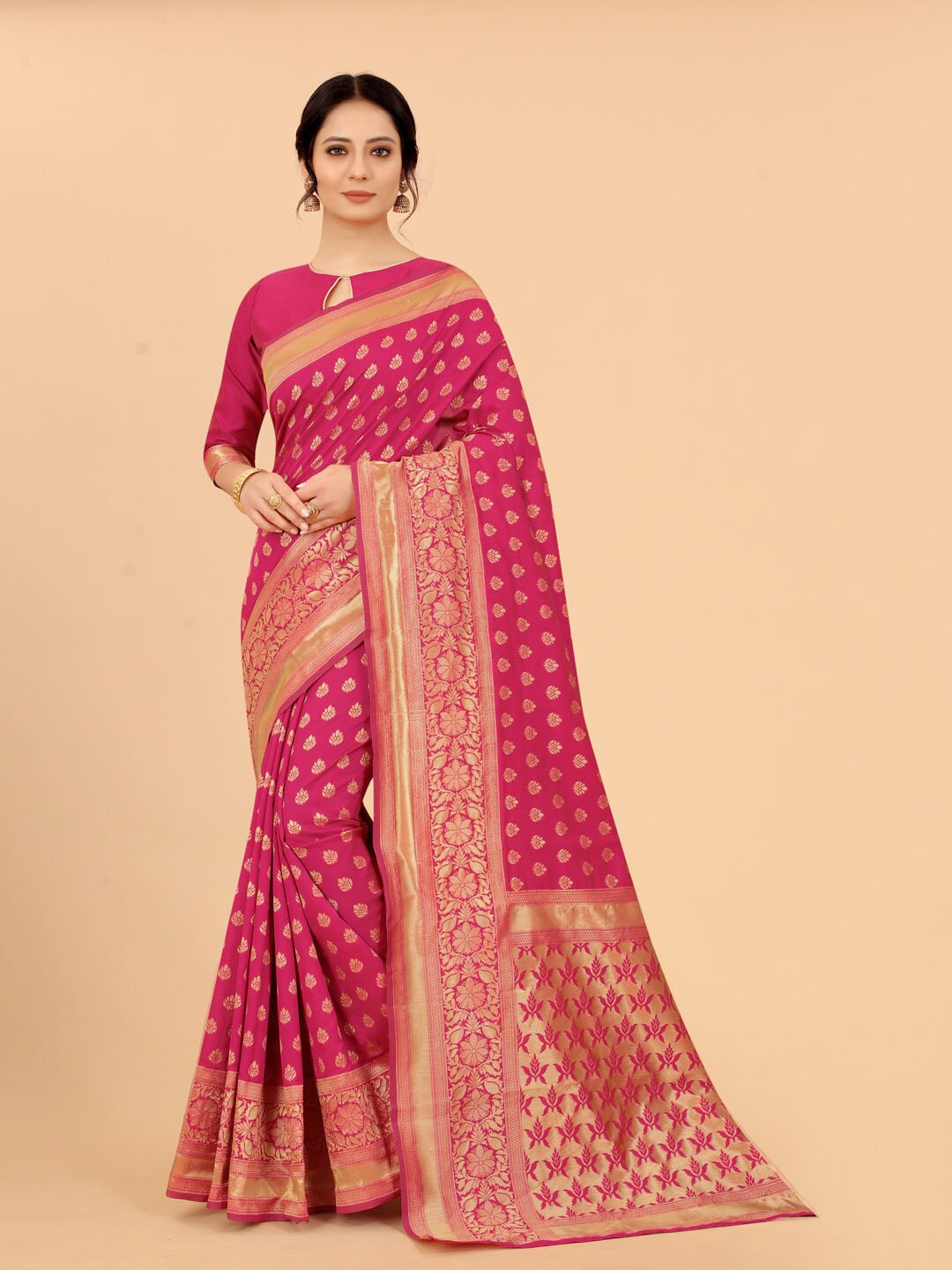 

SATYAM WEAVES Pink & Gold-Toned Woven Design Silk Cotton Banarasi Saree