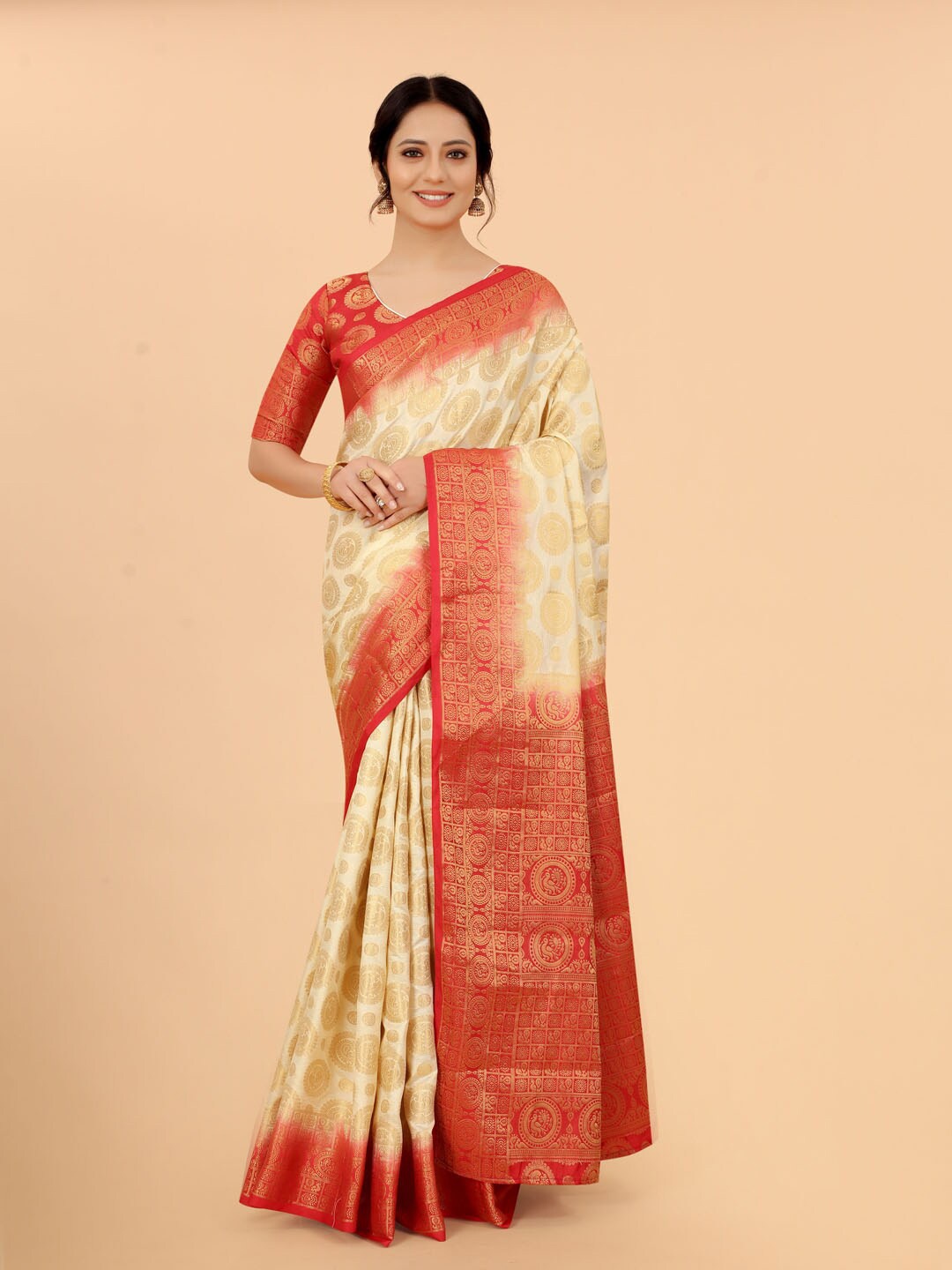 

SATYAM WEAVES Beige & Red Ethnic Motifs Zari Silk Cotton Banarasi Saree