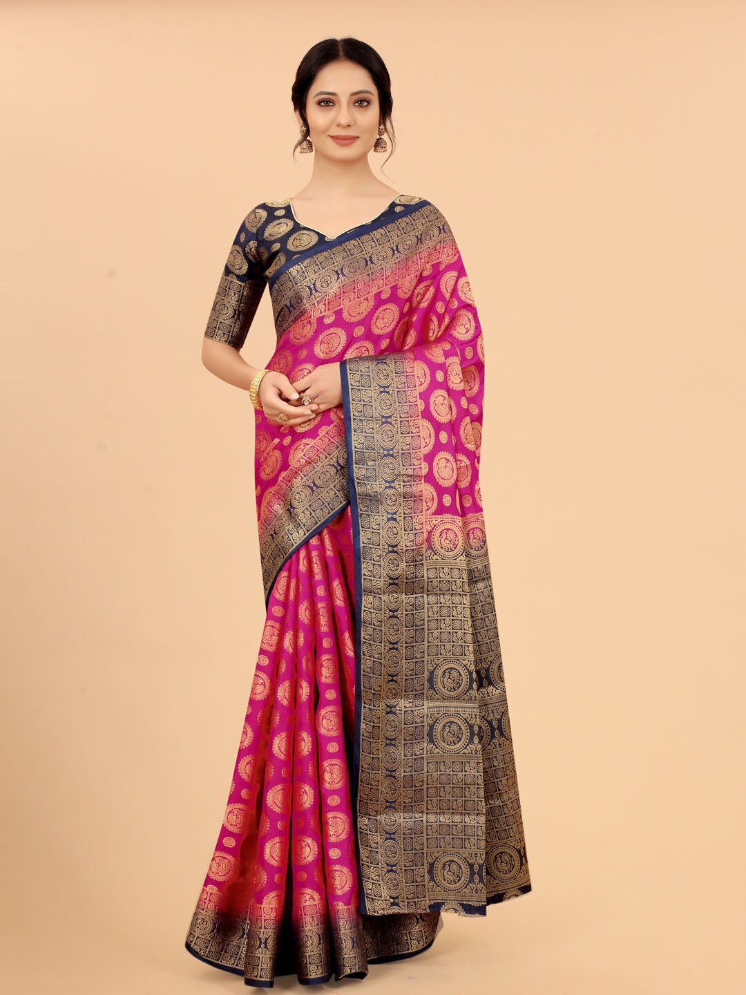 

SATYAM WEAVES Pink & Navy Blue Ethnic Motifs Zari Silk Cotton Banarasi Saree
