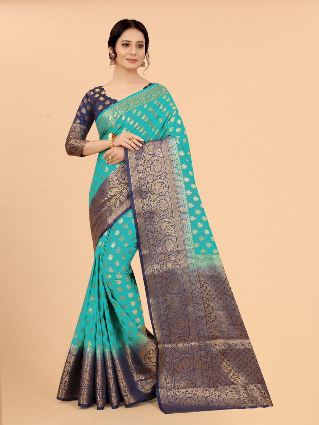 

SATYAM WEAVES Sea Green & Navy Blue Woven Design Zari Silk Cotton Banarasi Saree