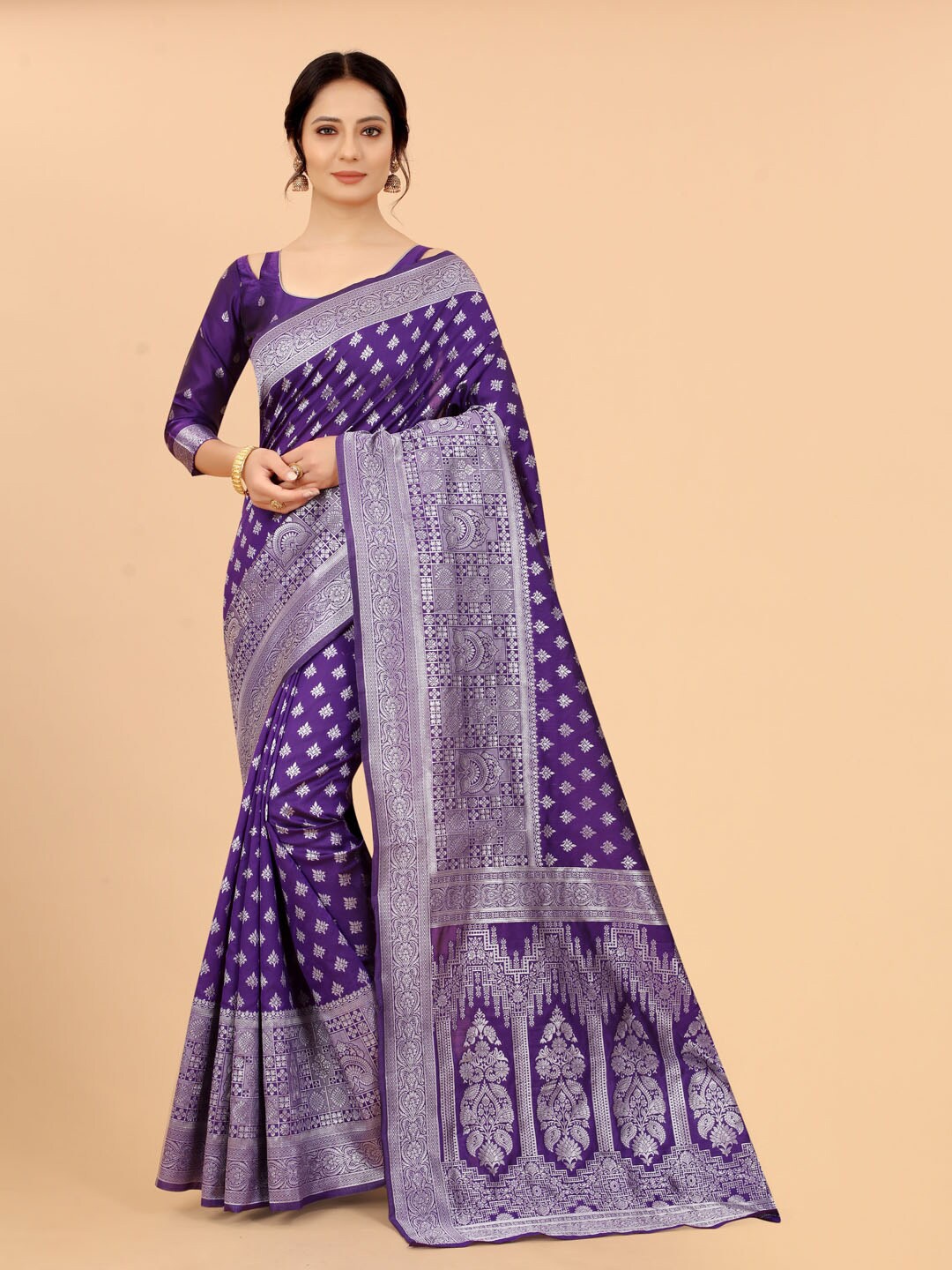 

SATYAM WEAVES Purple & Silver-Toned Woven Design Zari Silk Cotton Banarasi Saree