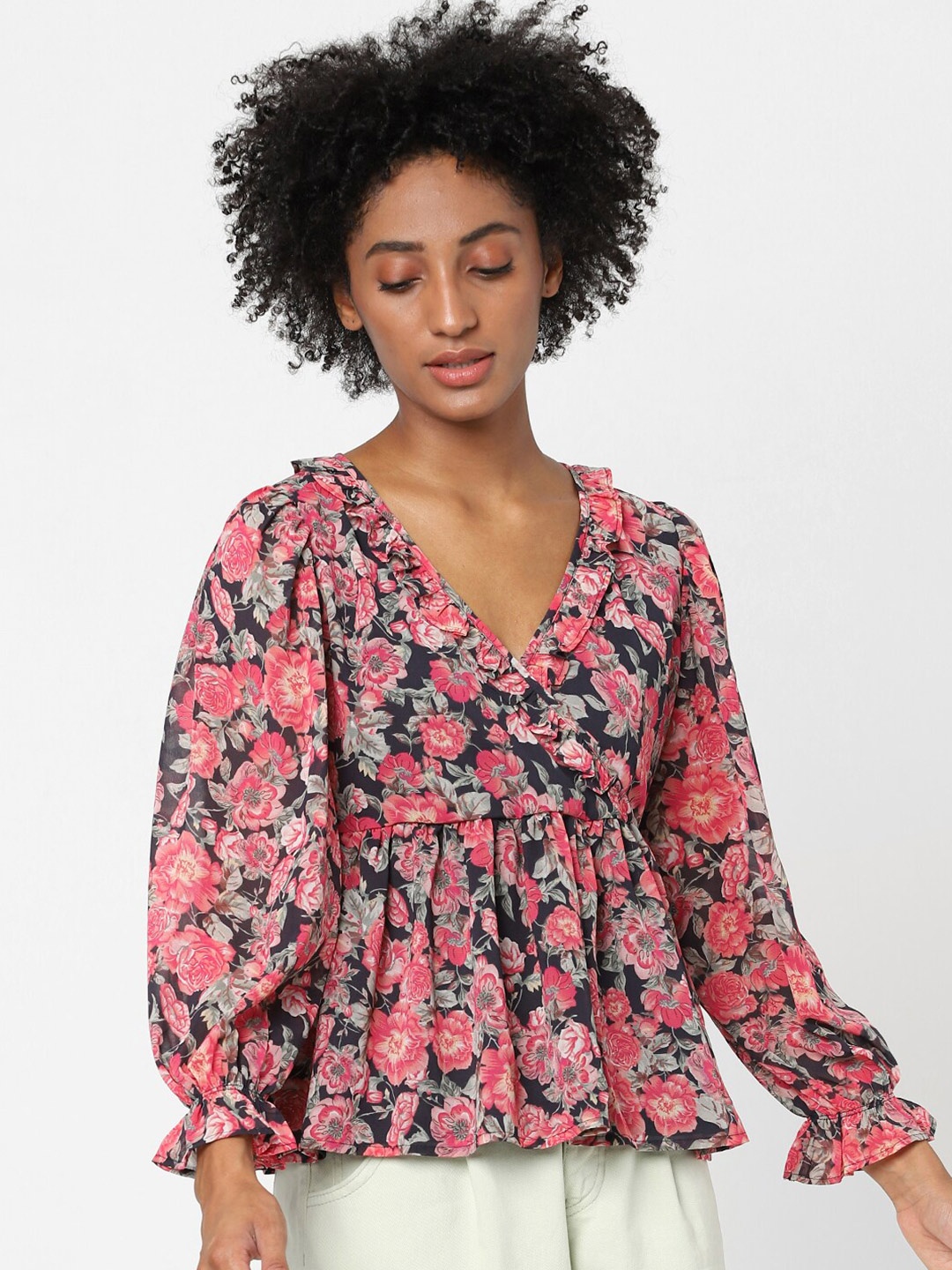 

ONLY Black & Red Floral Print Wrap Top
