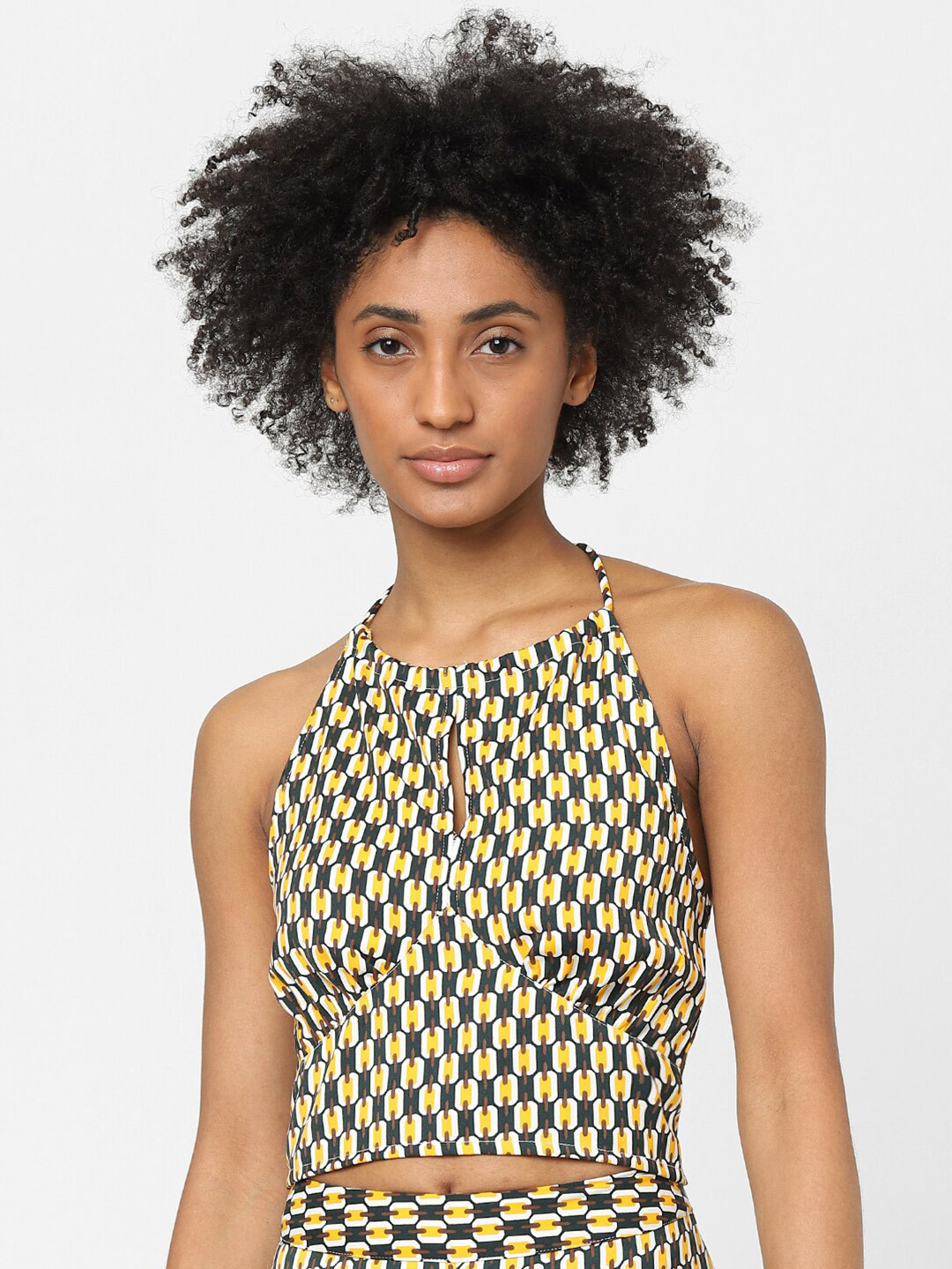 

ONLY Green Geometric Print Halter Neck Crop Top