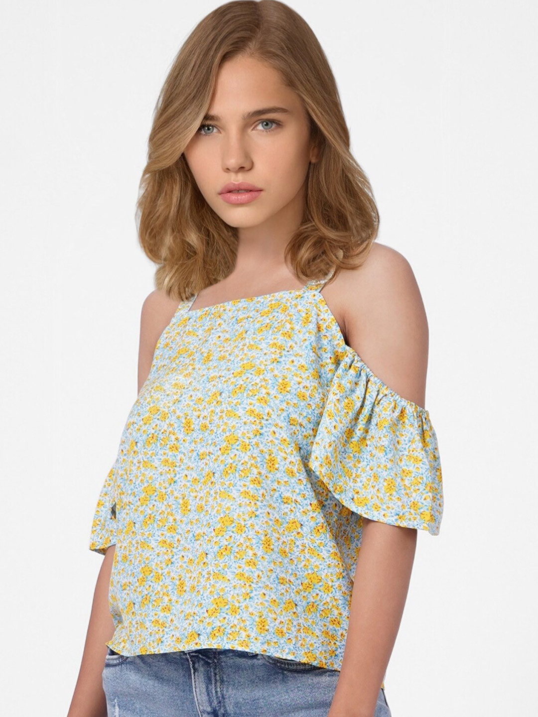 

ONLY Sea Green & Yellow Floral Printed Top