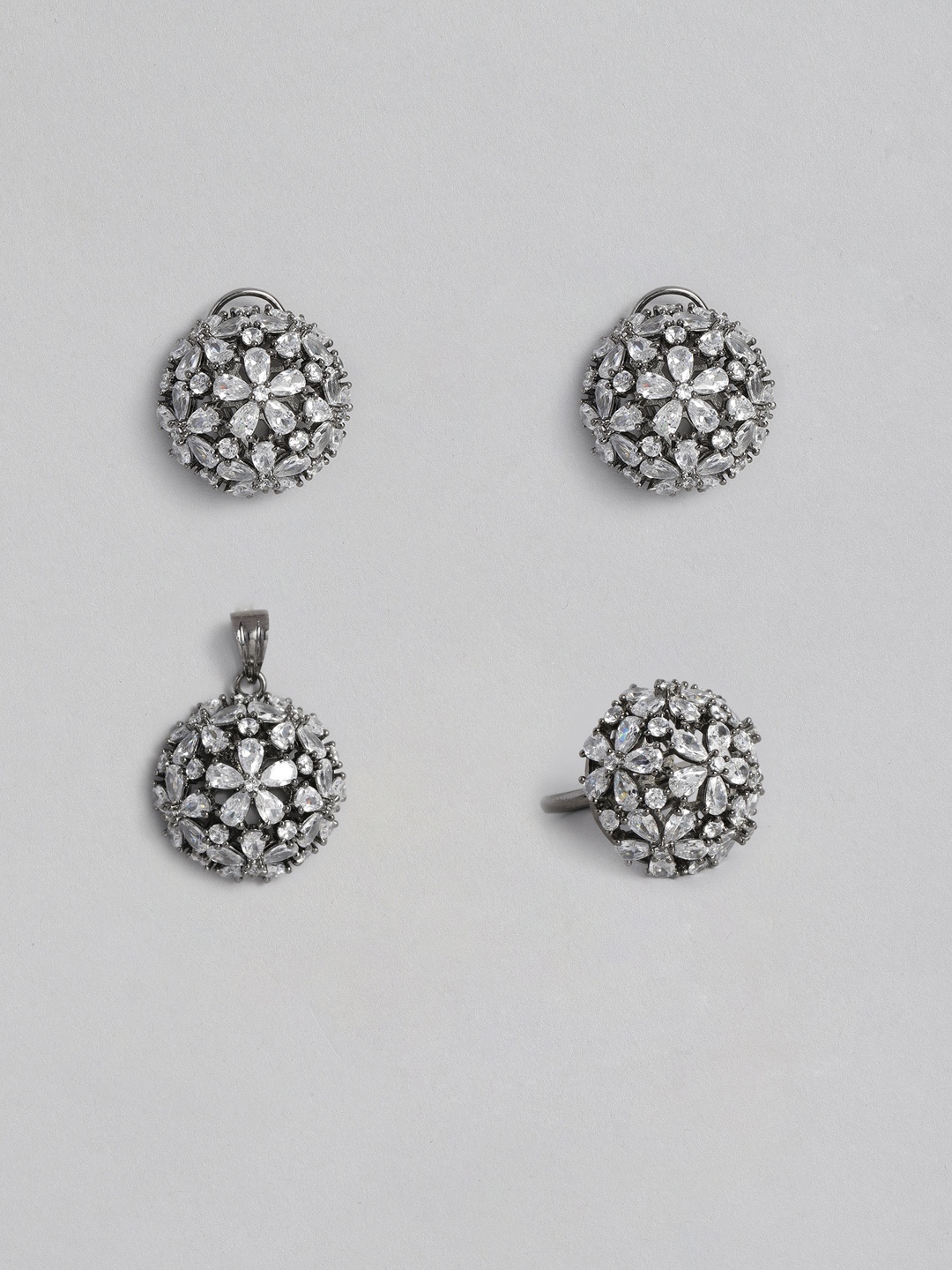 

MIDASKART Women Silver-Toned CZ Earing & Ring With Oxidised Pendant Jewellery Set