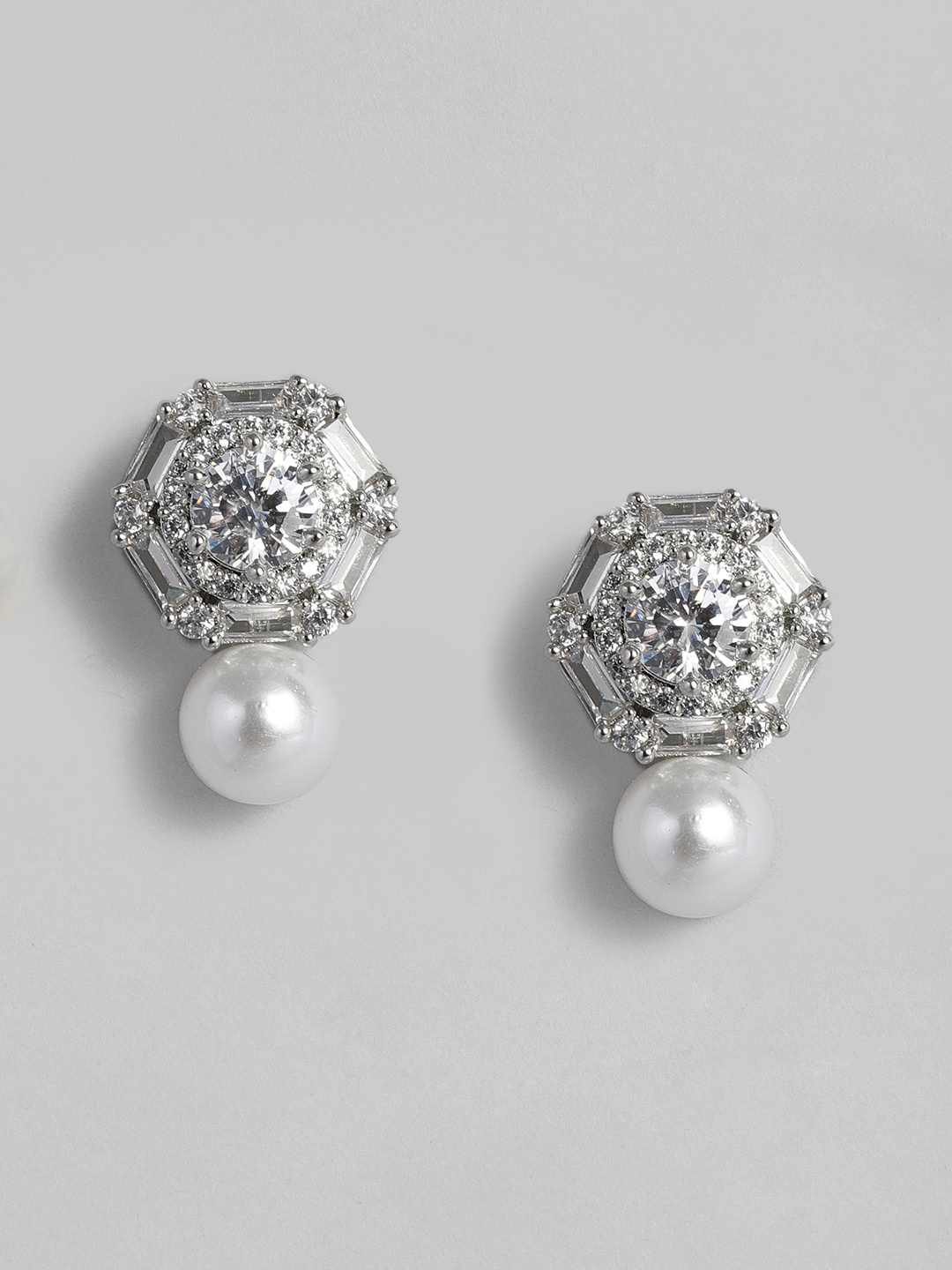 

MIDASKART Women Silver-Toned & White Geometric Studs Earrings