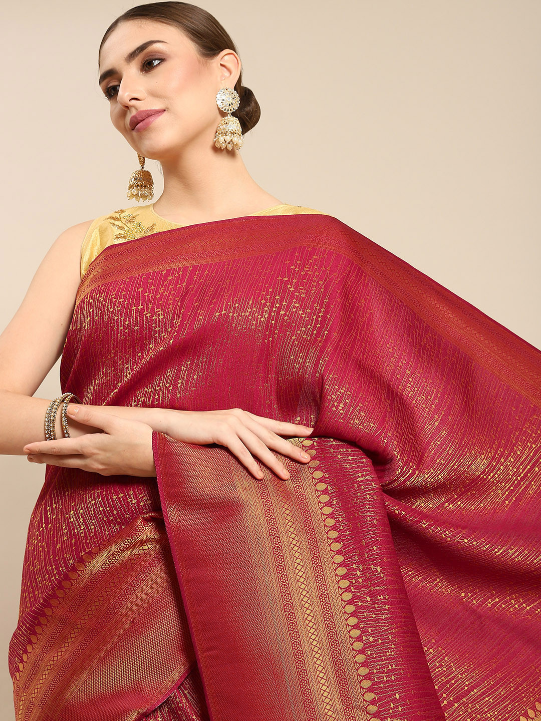 

all about you Maroon & Golden Woven Design Silk Blend Banarasi Saree