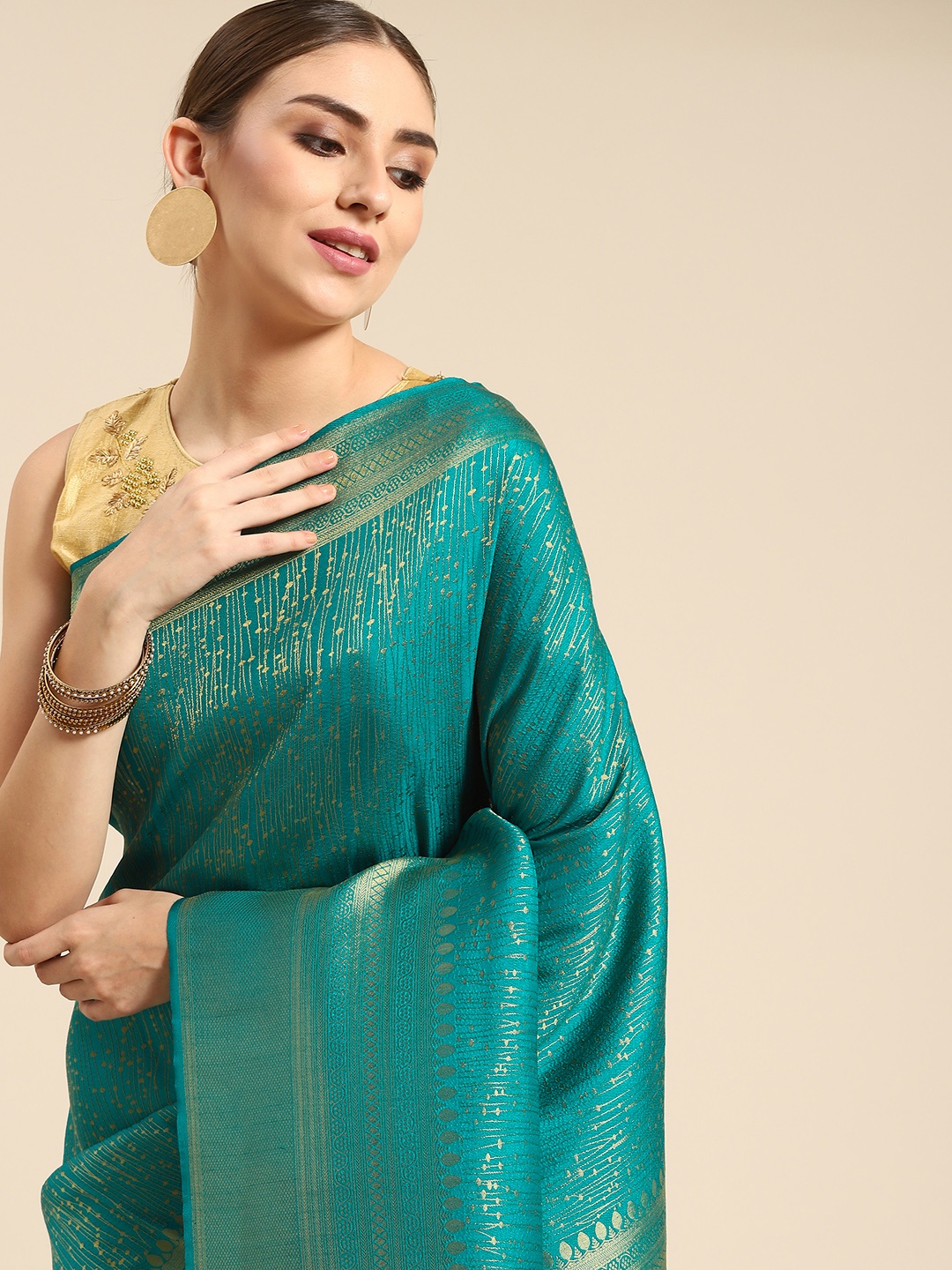 

all about you Teal Green & Golden Woven Design Silk Blend Banarasi Saree