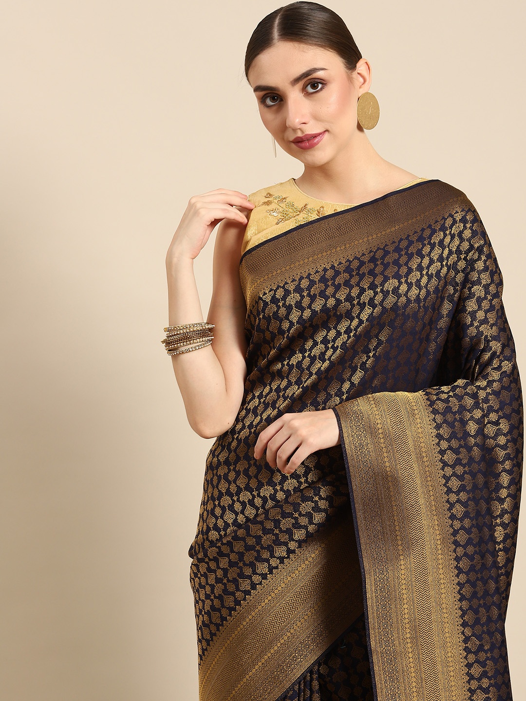 

all about you Navy Blue & Golden Ethnic Motifs Silk Blend Banarasi Saree