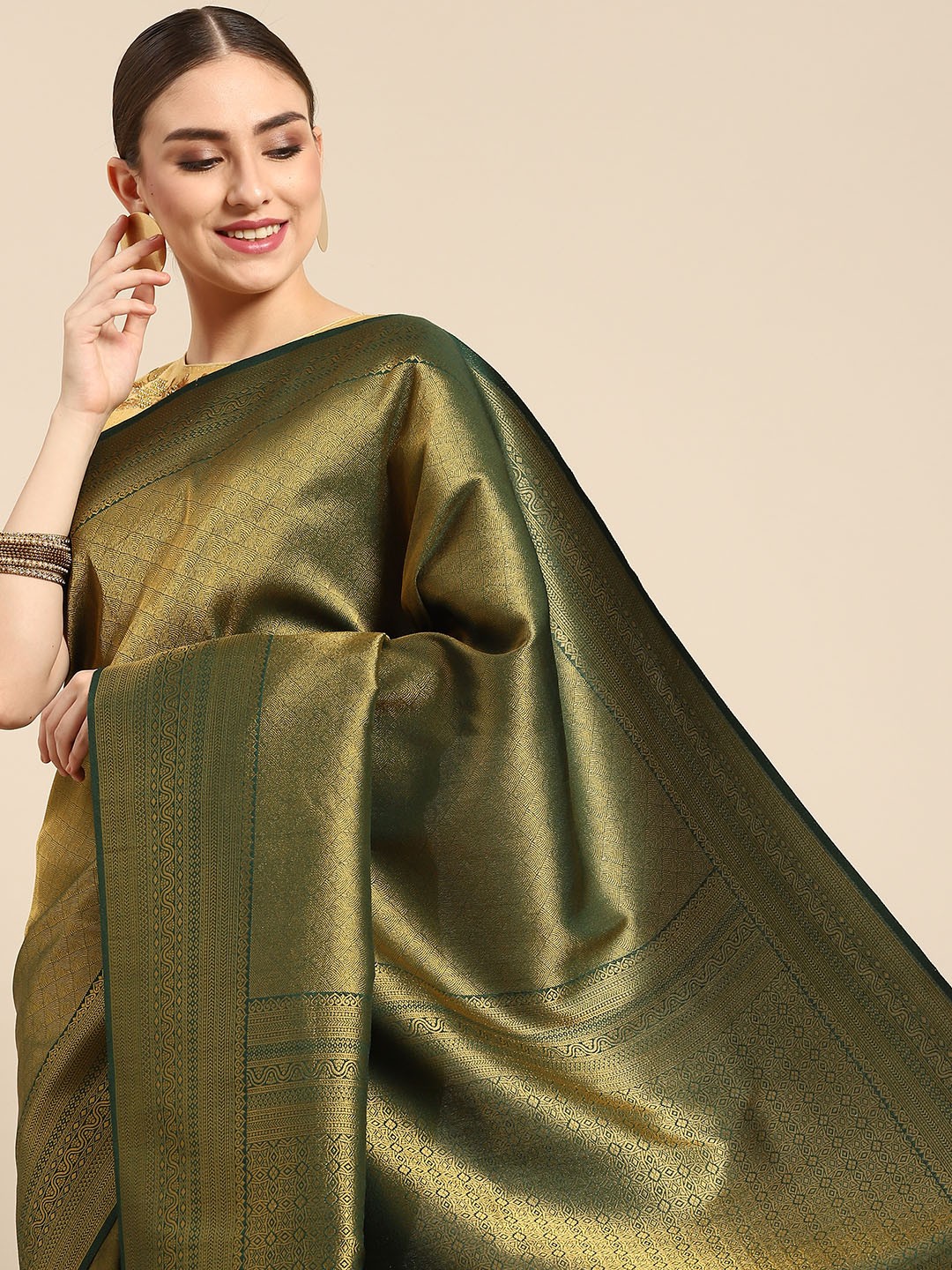 

all about you Green & Golden Ethnic Motifs Zari Silk Blend Banarasi Saree