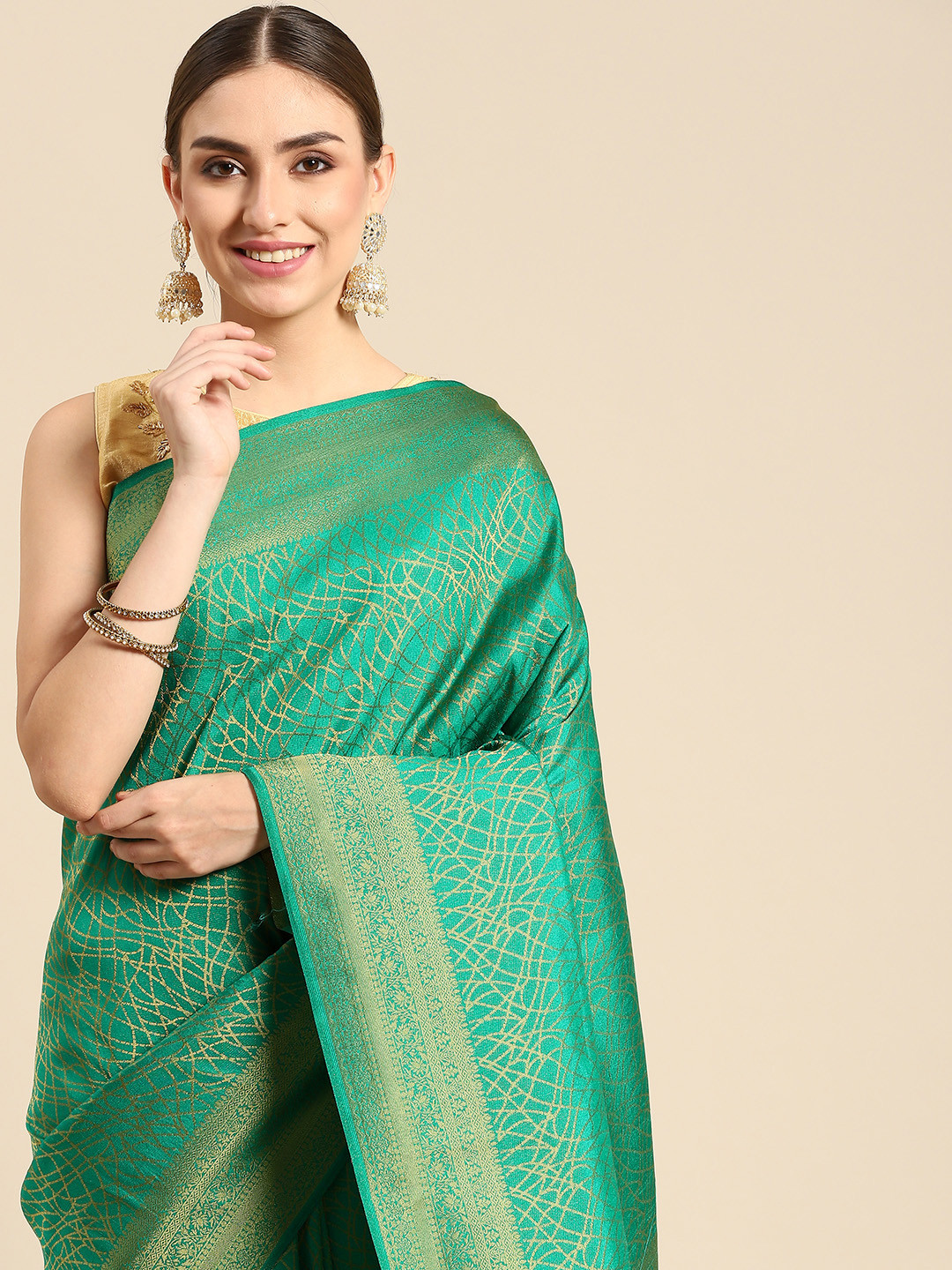 

all about you Green & Golden Woven Design Zari Silk Blend Banarasi Saree
