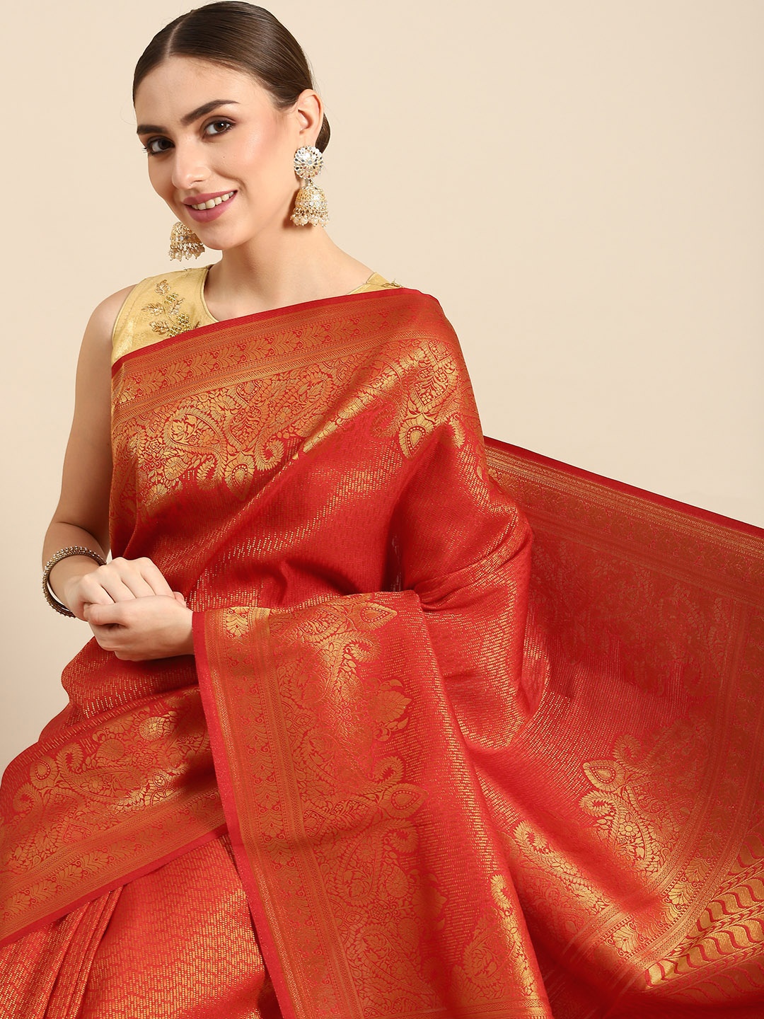 

all about you Red & Golden Ethnic Motifs Zari Silk Blend Banarasi Saree