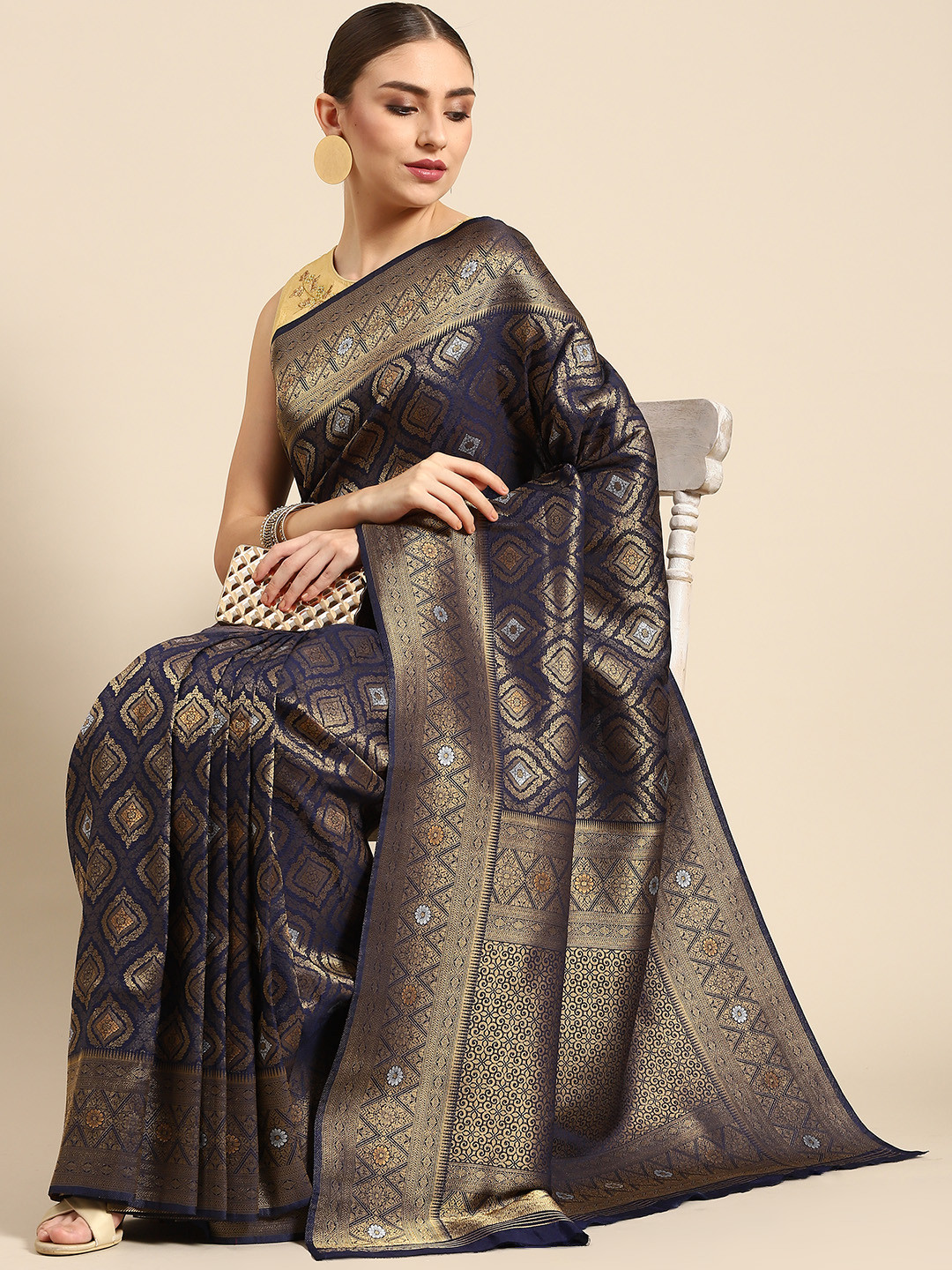 

all about you Navy Blue & Golden Ethnic Motifs Zari Silk Blend Banarasi Saree