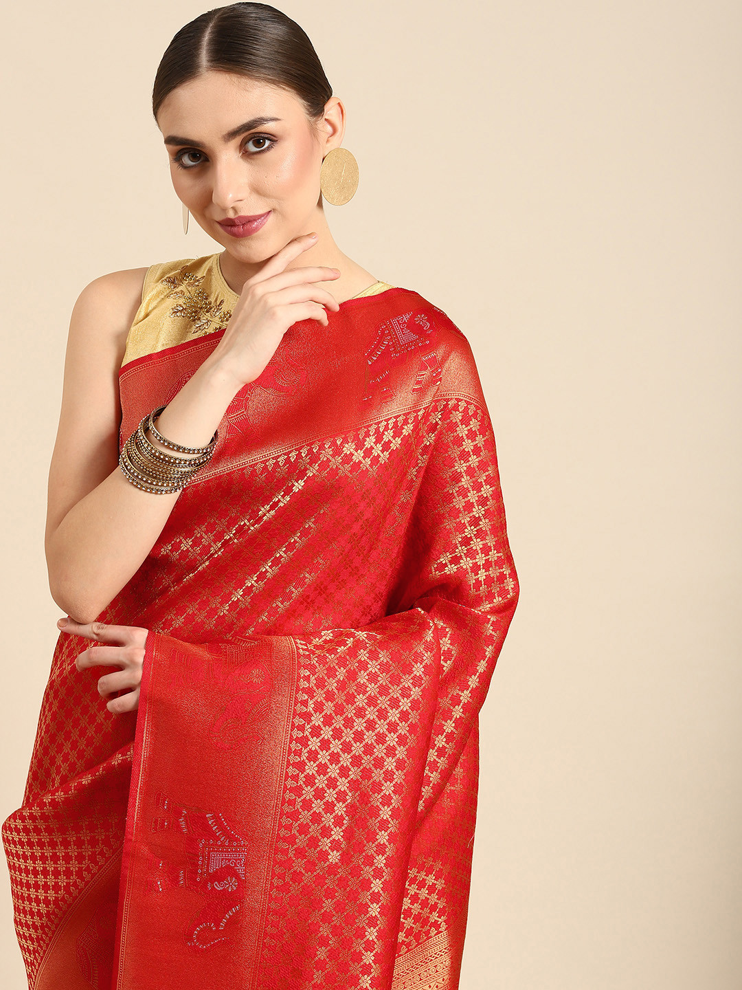 

all about you Red & Golden Ethnic Motifs Zari Silk Blend Banarasi Saree