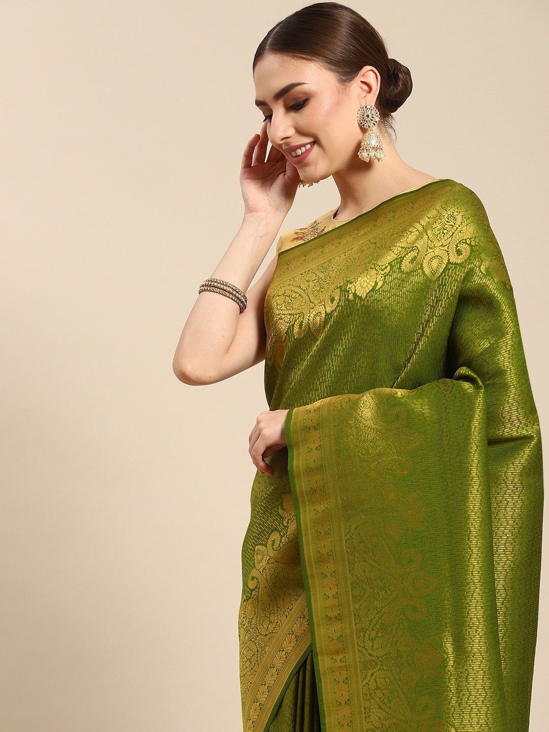 

all about you Green & Golden Ethnic Motifs Zari Silk Blend Banarasi Saree