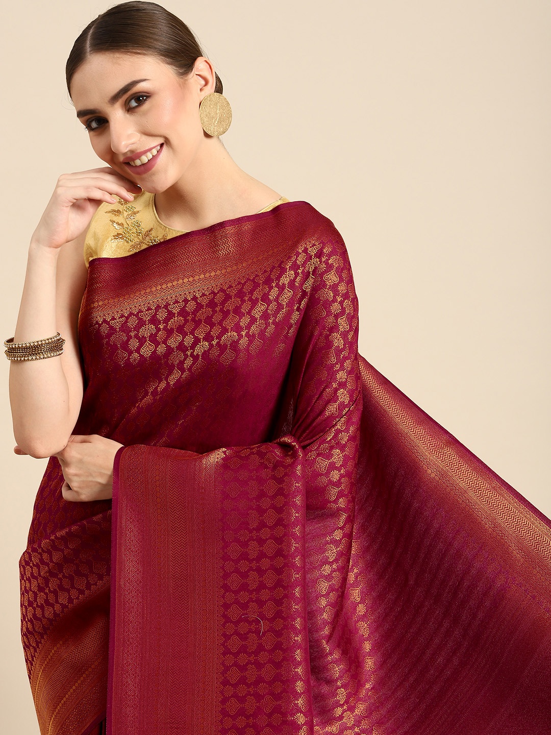 

all about you Magenta & Golden Ethnic Motifs Zari Silk Blend Banarasi Saree