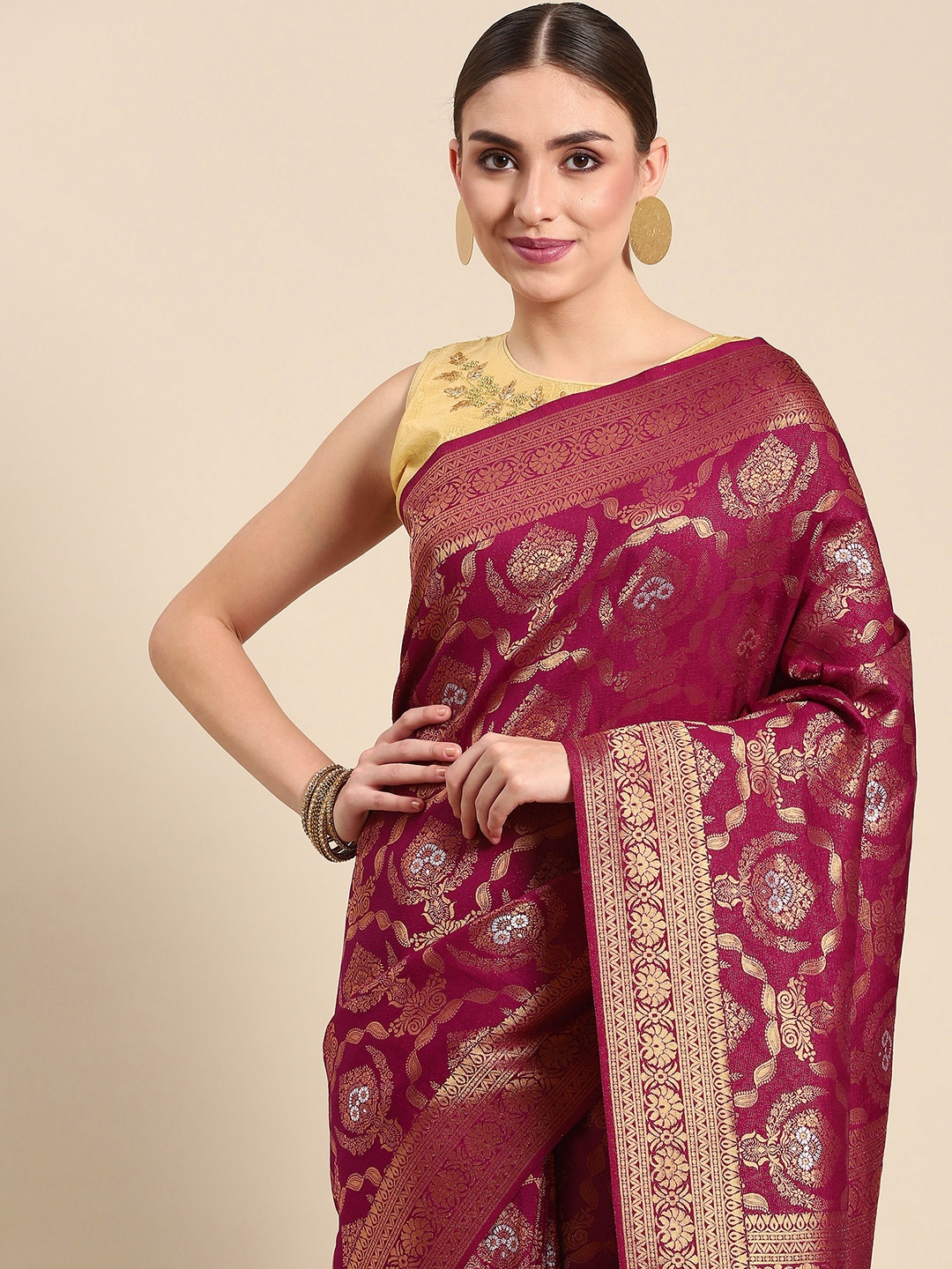 

all about you Burgundy & Golden Ethnic Motifs Zari Silk Blend Banarasi Saree