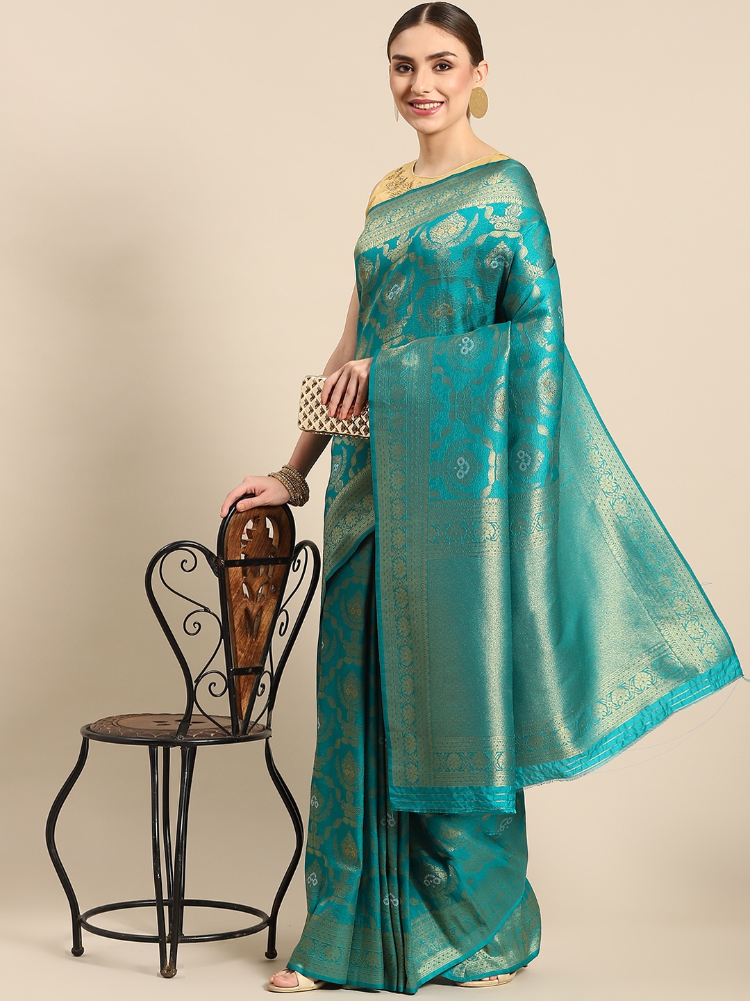 

all about you Sea Green & Golden Ethnic Motifs Zari Silk Blend Banarasi Saree