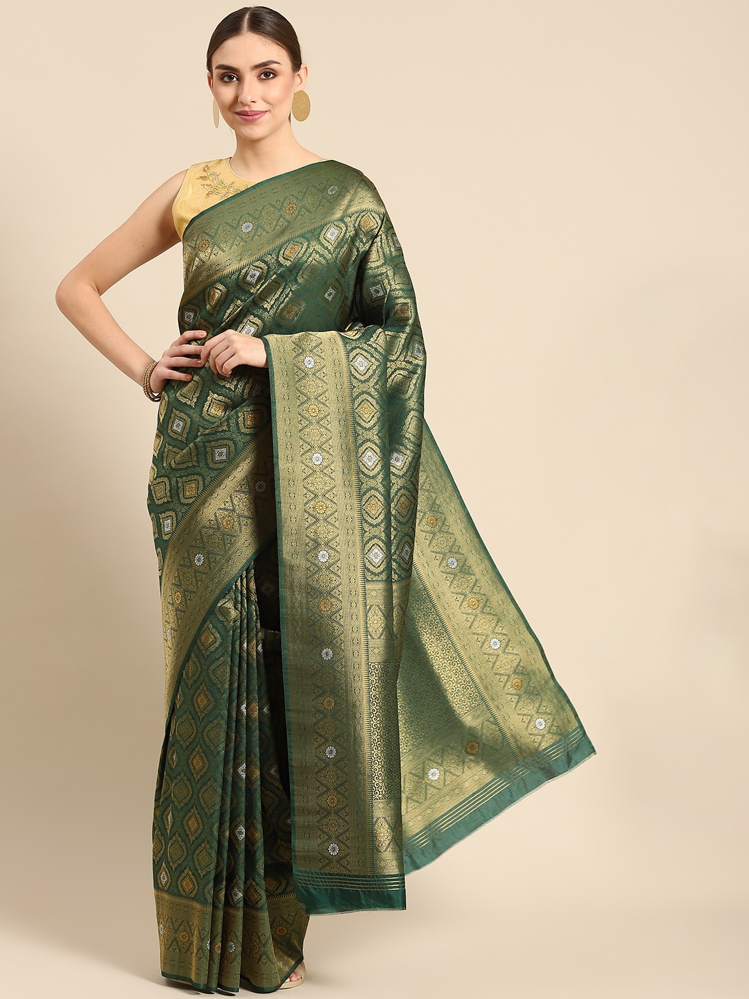 

all about you Green & Golden Ethnic Motifs Zari Silk Blend Banarasi Saree