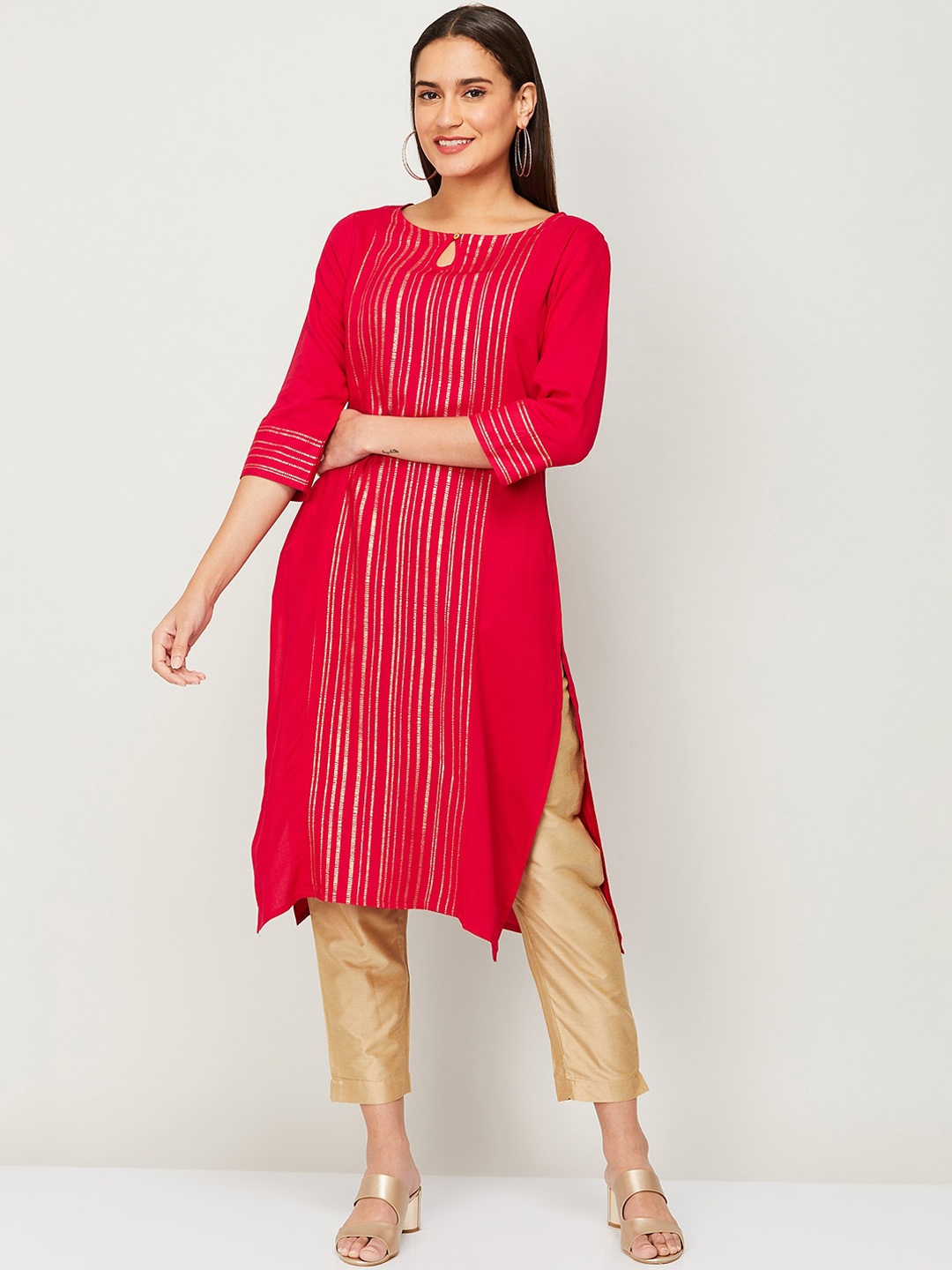 

Melange by Lifestyle Women Red Striped Gotta Patti Kurta