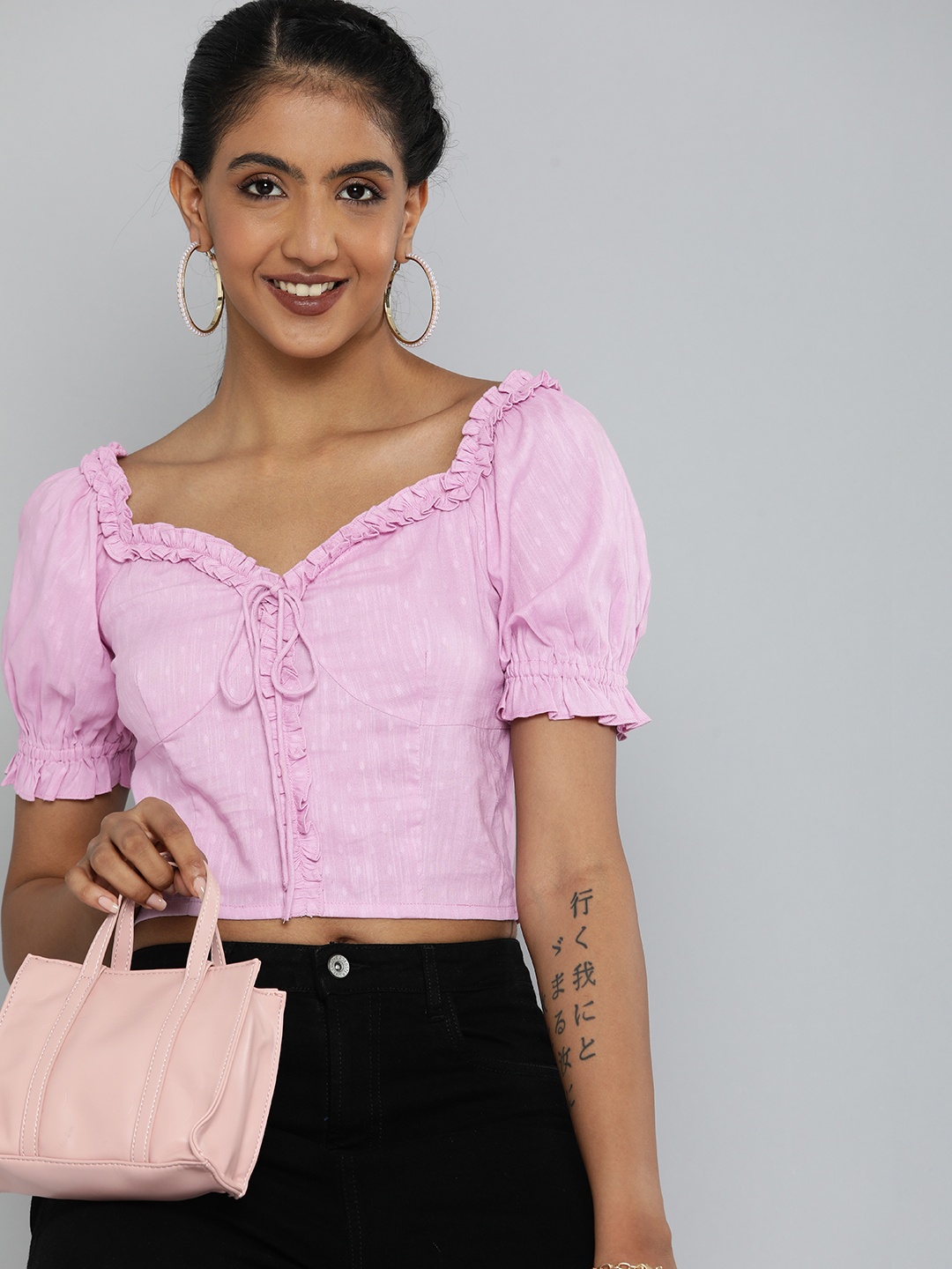 

MAGRE Lavender Floral Print Sweetheart Neck Blouson Crop Top