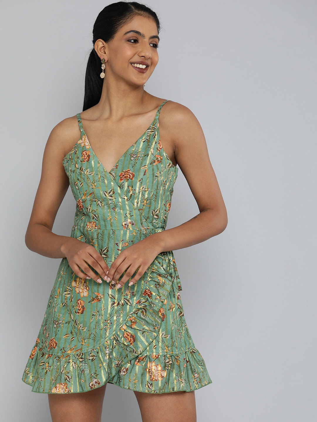 

MAGRE Green & Red Floral Georgette Mini Dress