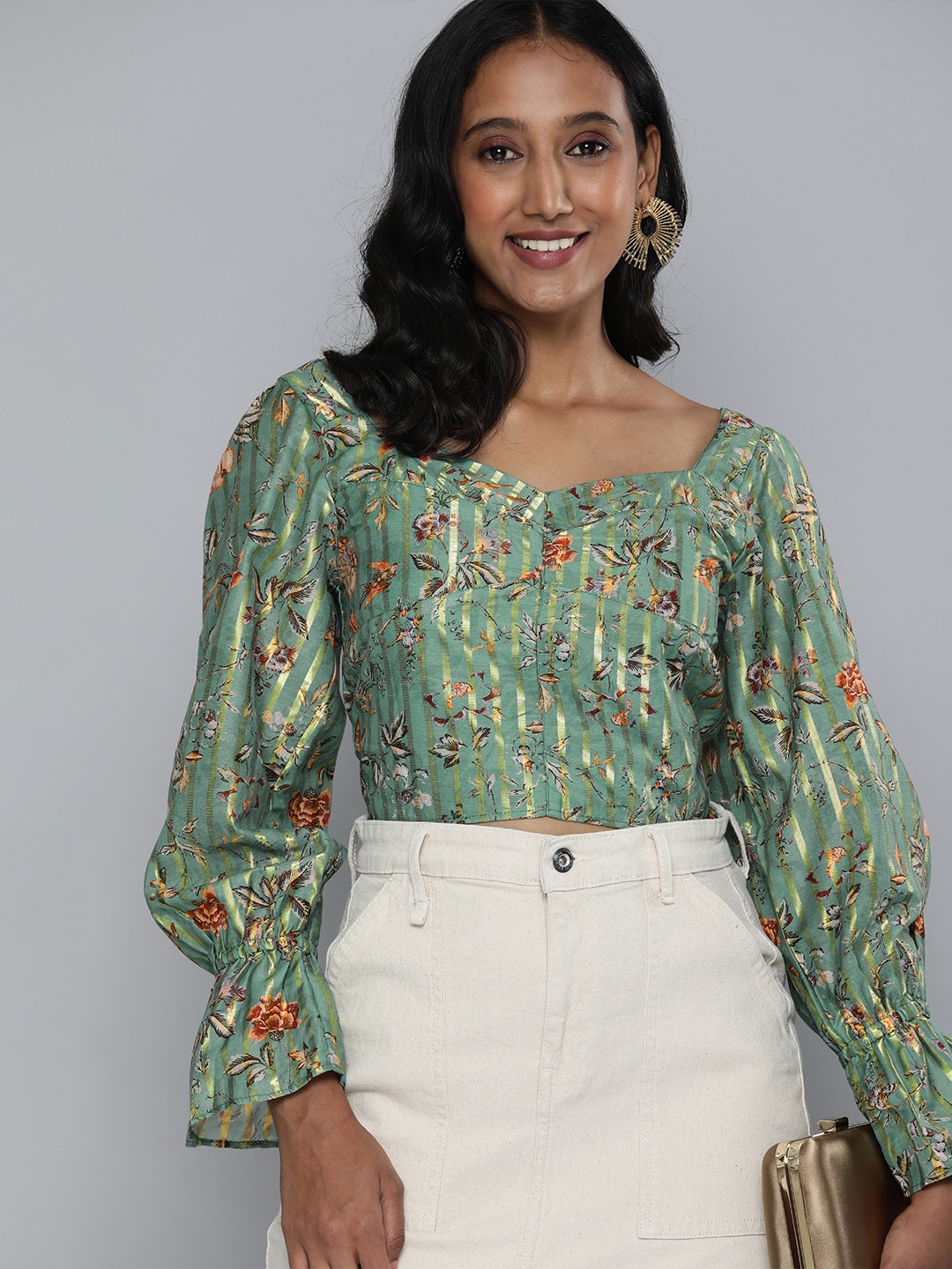 

MAGRE Green & Red Floral Print Sweetheart Neck Chiffon Top