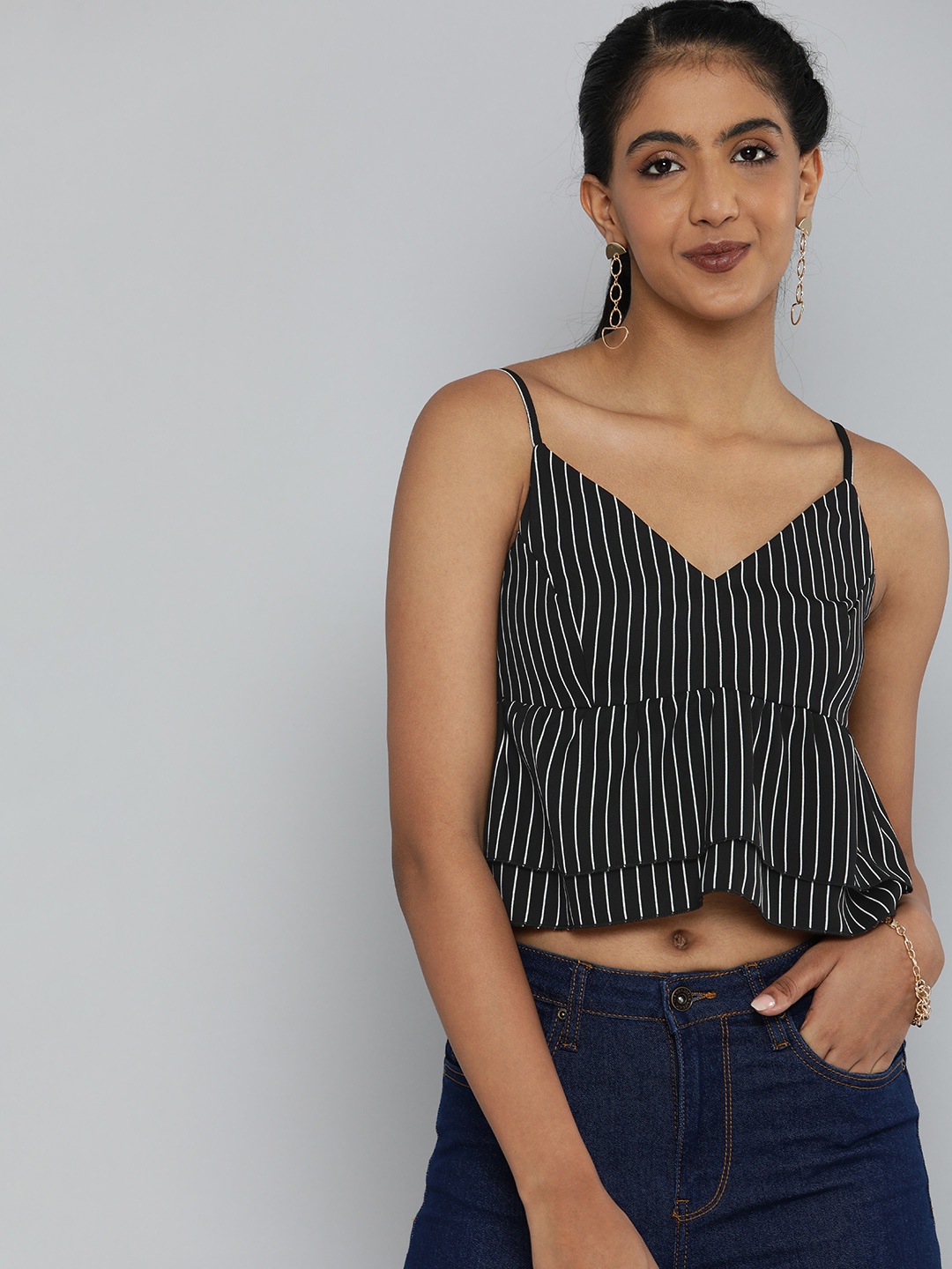 

MAGRE Black & White Striped Georgette Blouson Crop Top