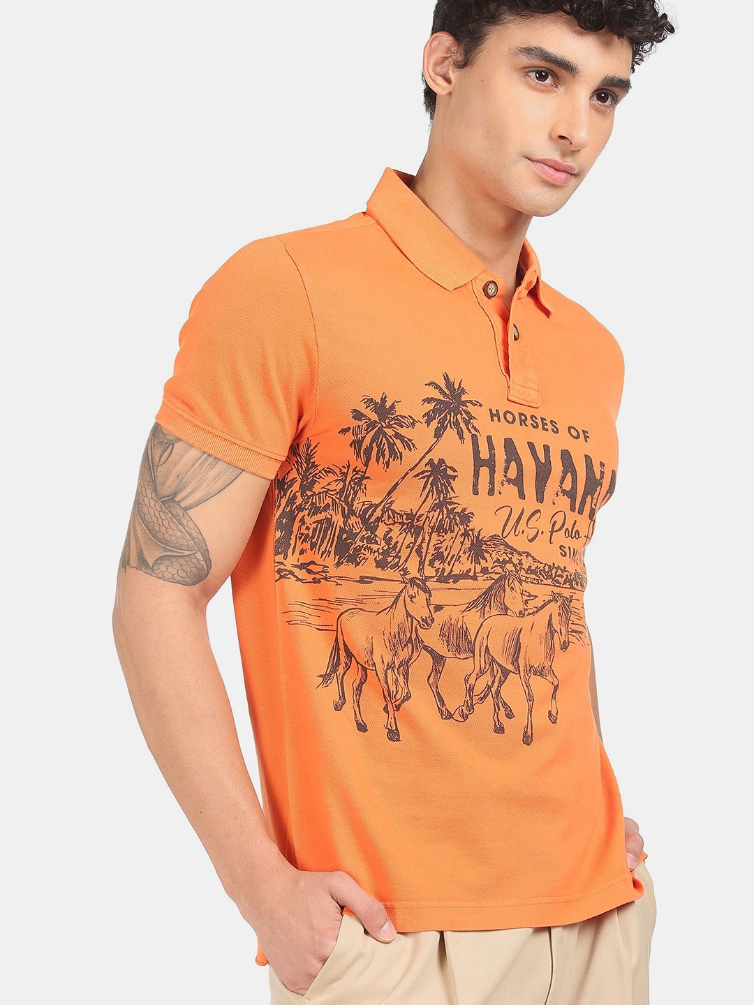 

U S Polo Assn Denim Co Men Orange Typography Printed Polo Collar Cotton T-shirt