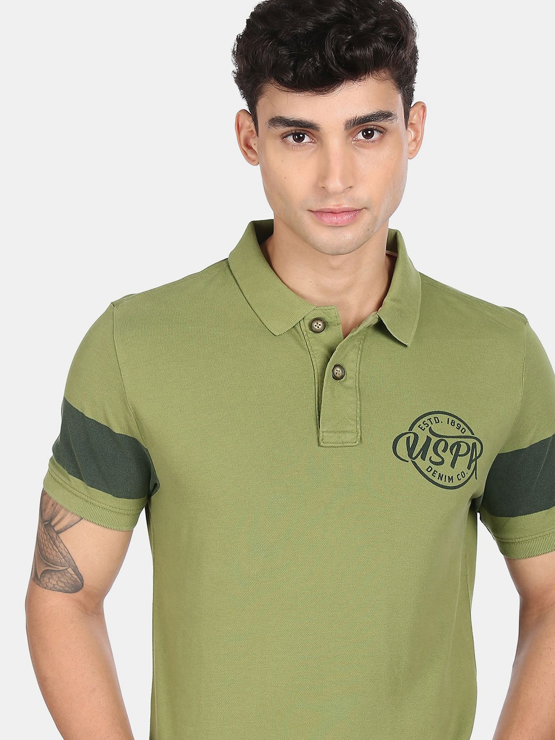 

U S Polo Assn Denim Co Men Green 100% Cotton Polo Collar T-shirt