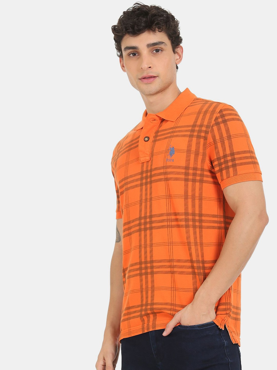 

U S Polo Assn Denim Co Men Orange Checked Pure Cotton Polo Collar T-shirt