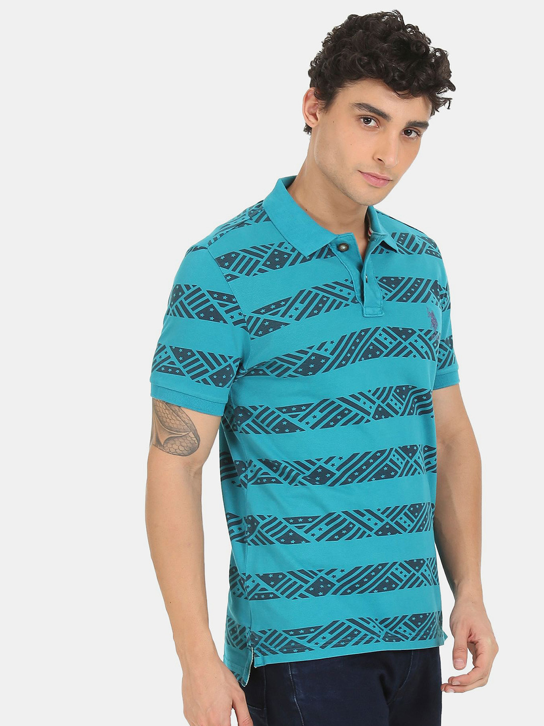 

U S Polo Assn Denim Co Men Blue Striped Polo Collar T-shirt