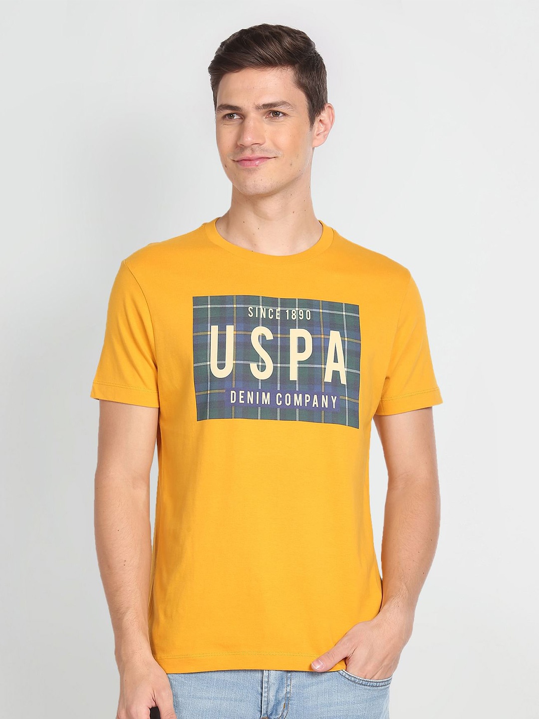 

U S Polo Assn Denim Co Men Yellow Typography Printed T-shirt