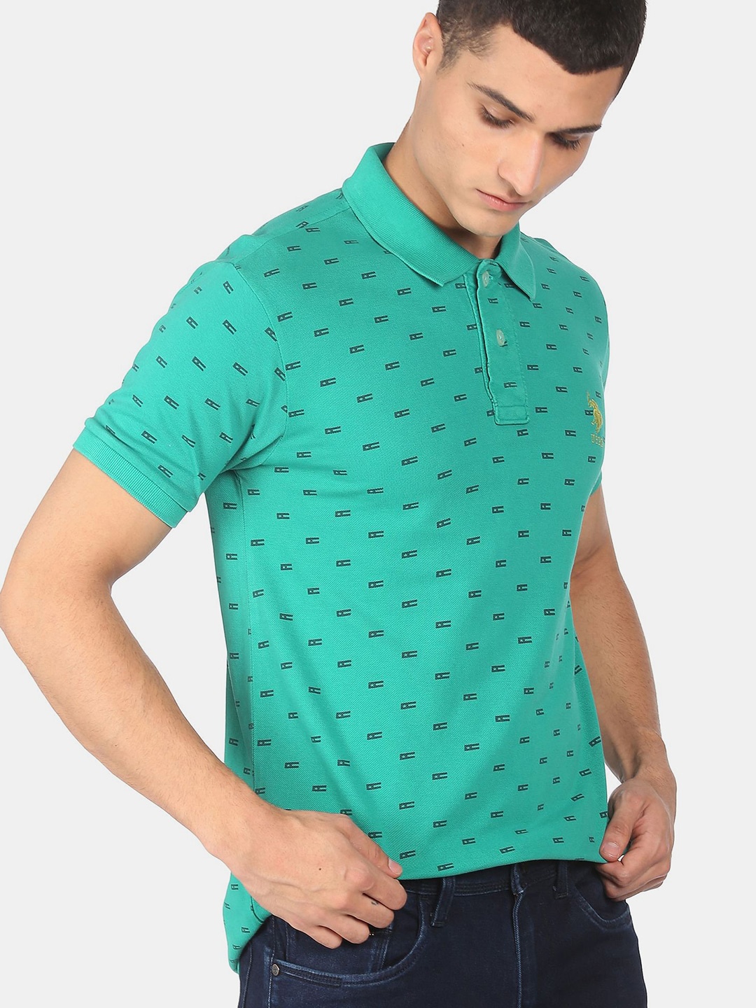 

U S Polo Assn Men Green Printed Polo Collar Cotton T-shirt