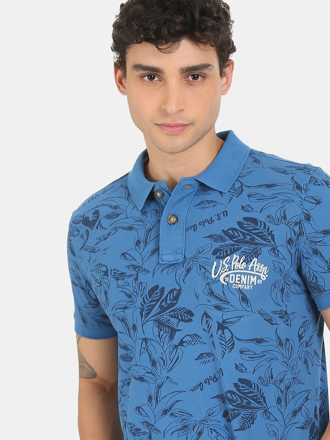 

U S Polo Assn Denim Co Men Blue Floral Printed Polo Collar 100% Cotton T-shirt