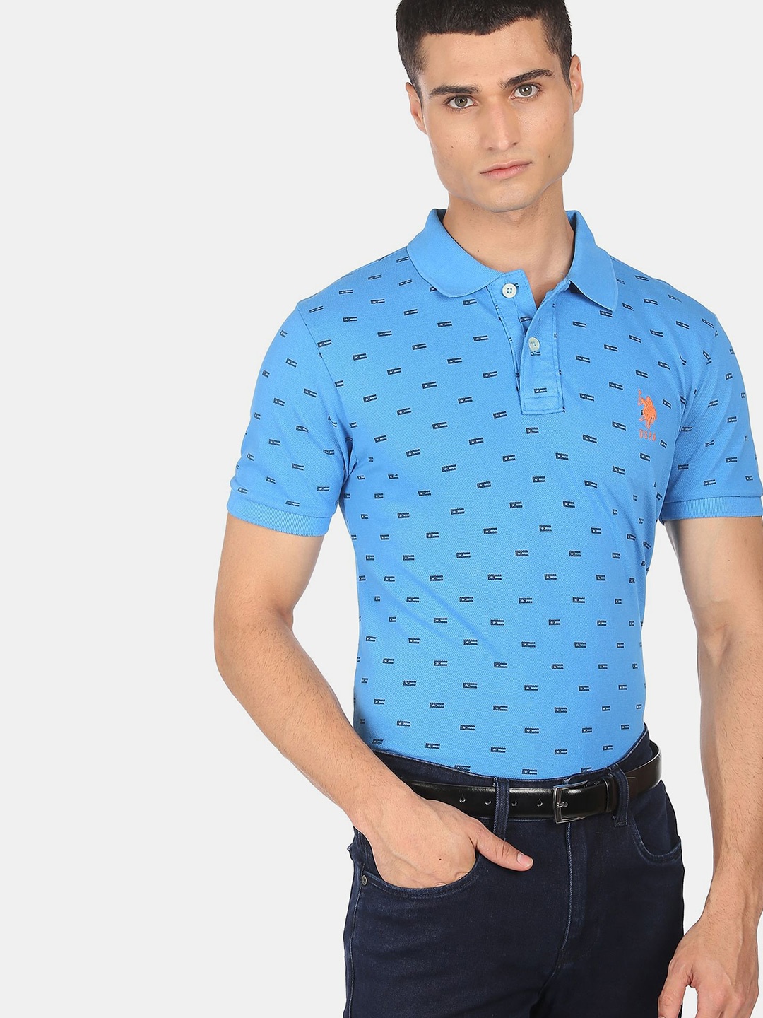 

U S Polo Assn Men Blue Printed Polo Collar Cotton T-shirt