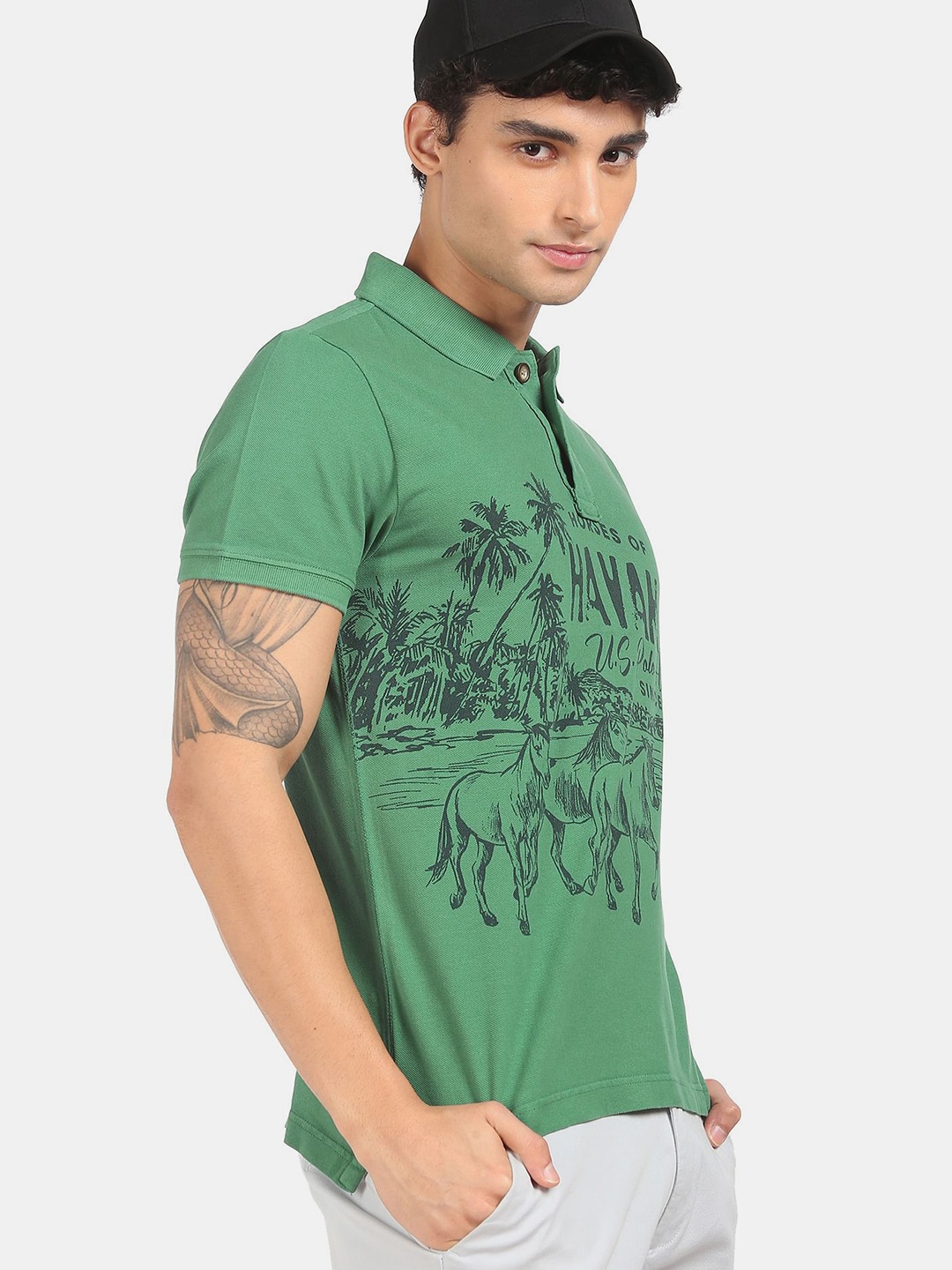 

U S Polo Assn Denim Co Men Green Printed Polo Collar Pure Cotton T-shirt