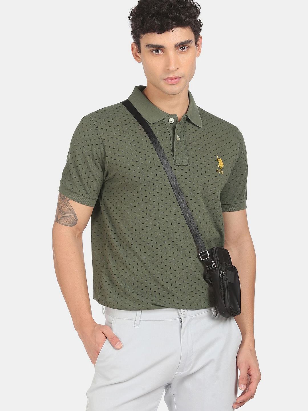 

U S Polo Assn Men Green Printed Polo Collar Pure Cotton T-shirt