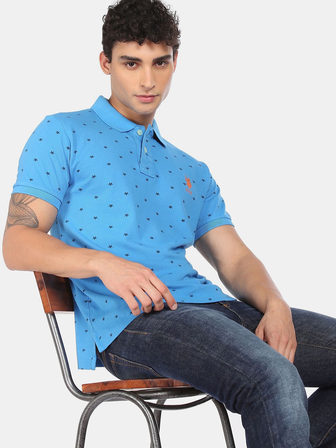 

U.S. Polo Assn. Men Blue Printed Polo Collar T-shirt