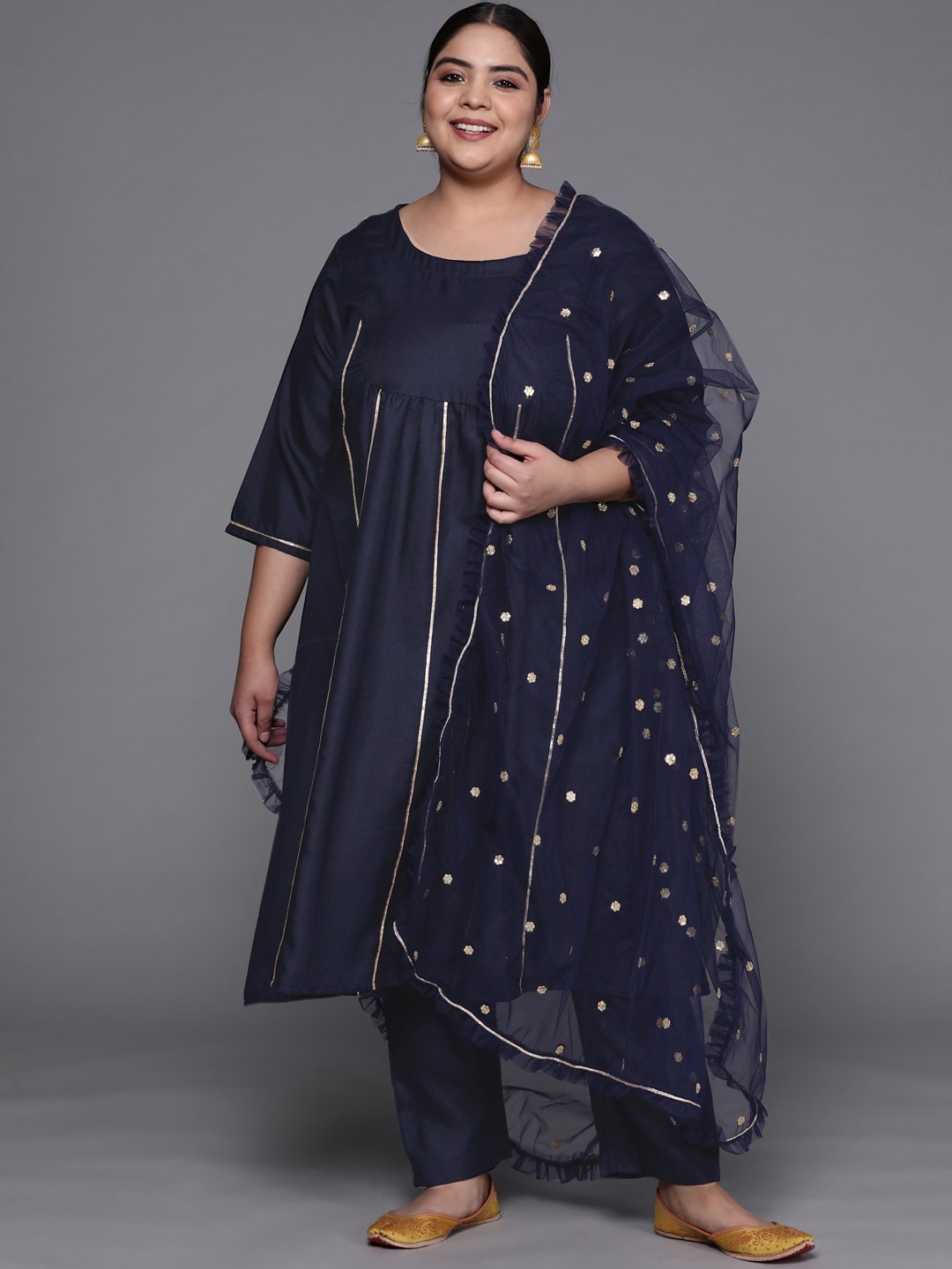 

INDDUS PLUS Women Navy Blue Gotta Patti Kurta with Trousers & With Dupatta