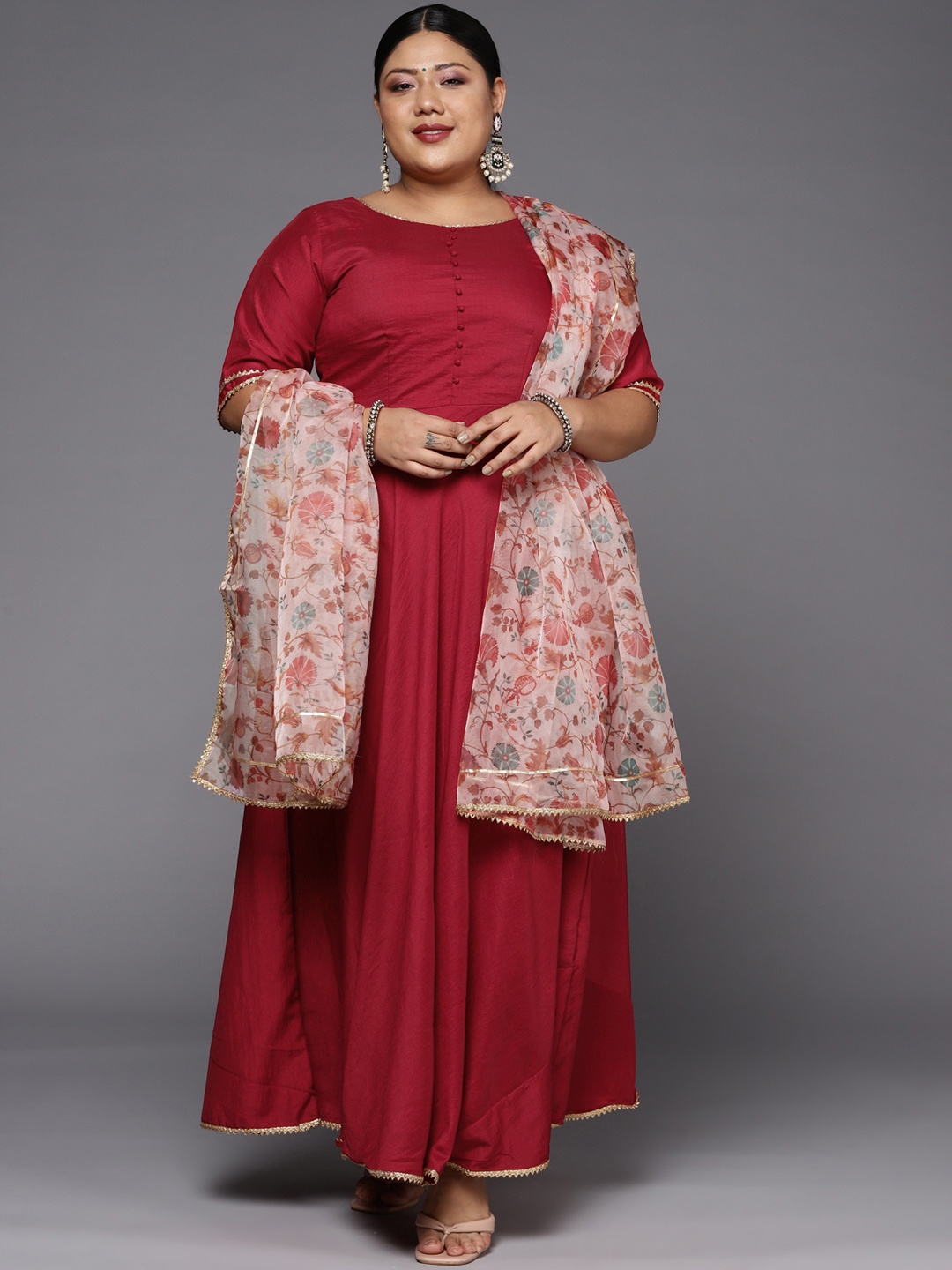 

INDDUS PLUS Women Maroon Anarkali Kurta With Printed Dupatta