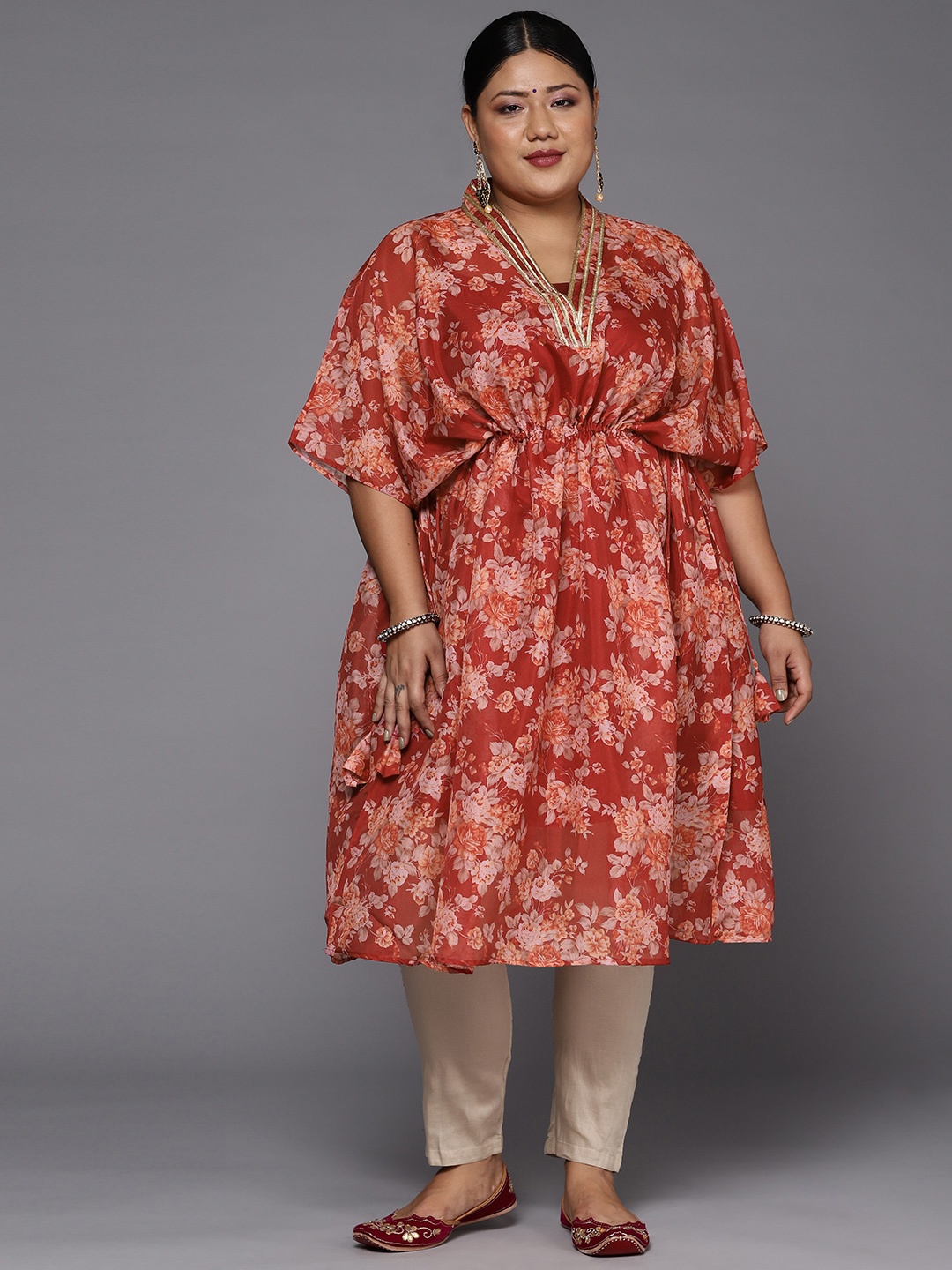 

INDDUS PLUS Women Maroon & Orange Floral Printed Organza Kaftan Kurta